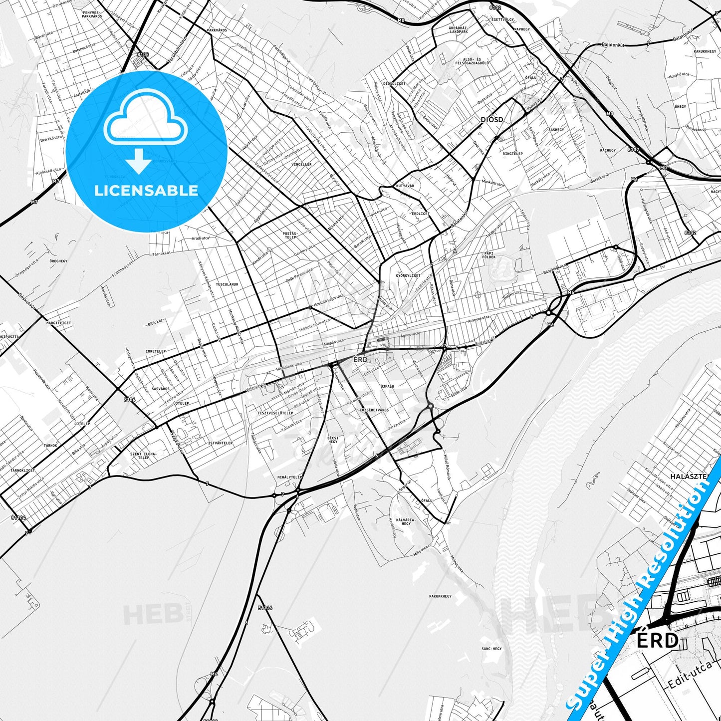 Érd, Hungary Light Map with Street Names, City Names, and Districts