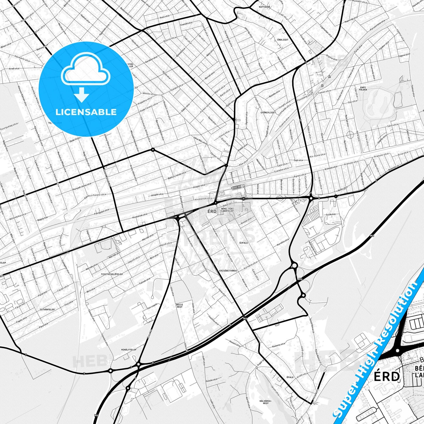 Érd, Hungary Light Map with Street Names, City Names, and Districts
