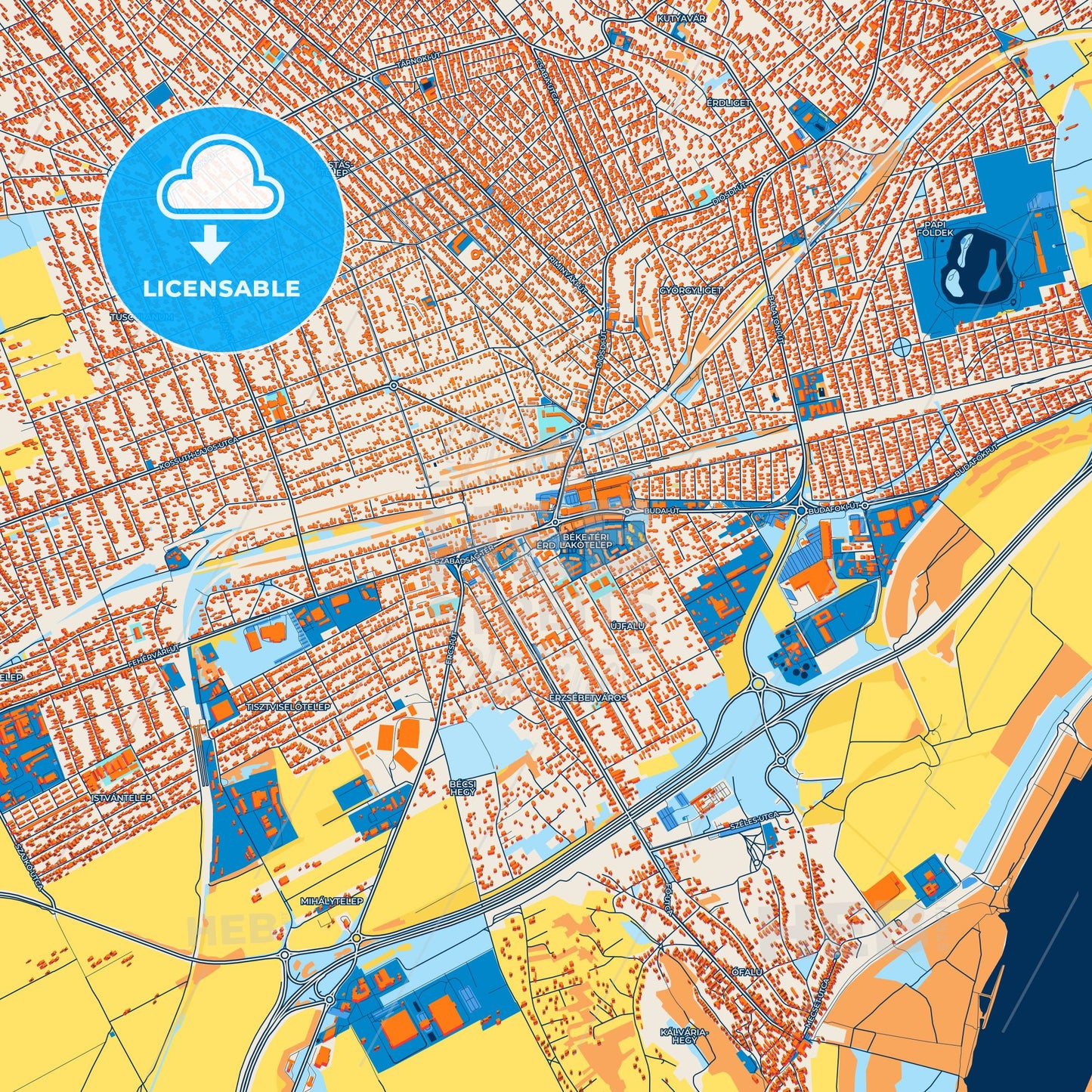 Colorful Érd Street Map with Labels and Buildings