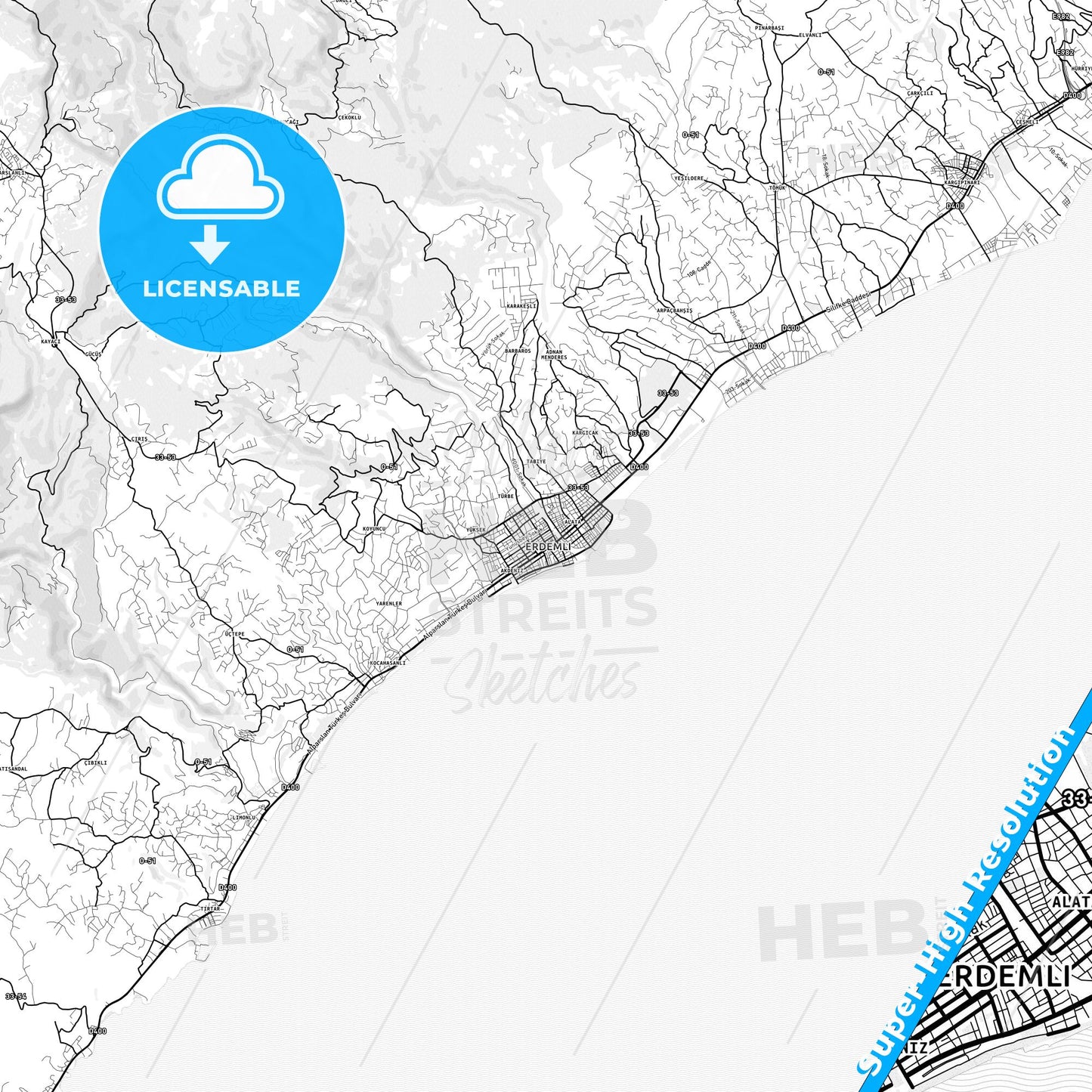 Erdemli, Turkey light map with streetnames, citynames and districts