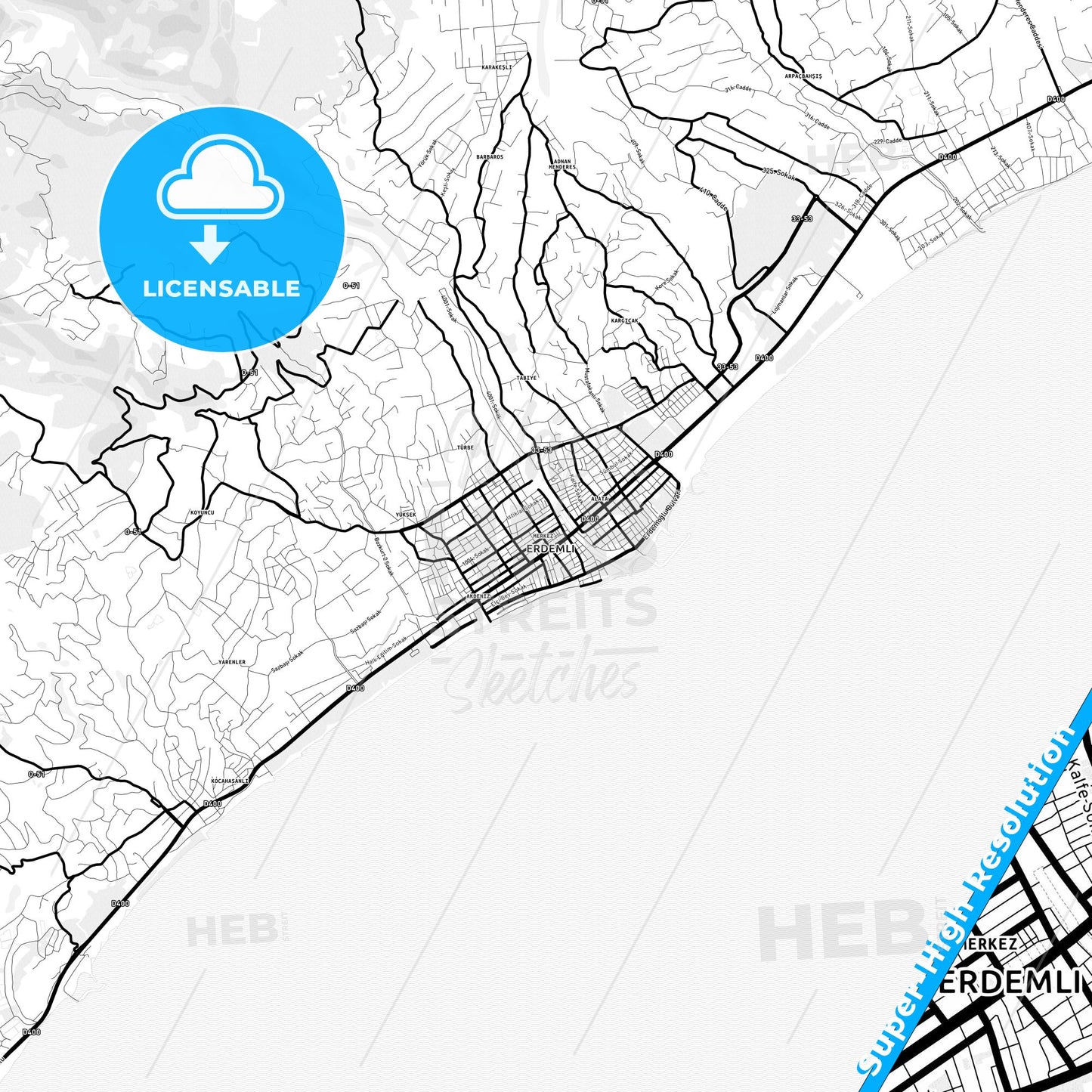 Erdemli, Turkey Light Map with Street Names, City Names, and Districts
