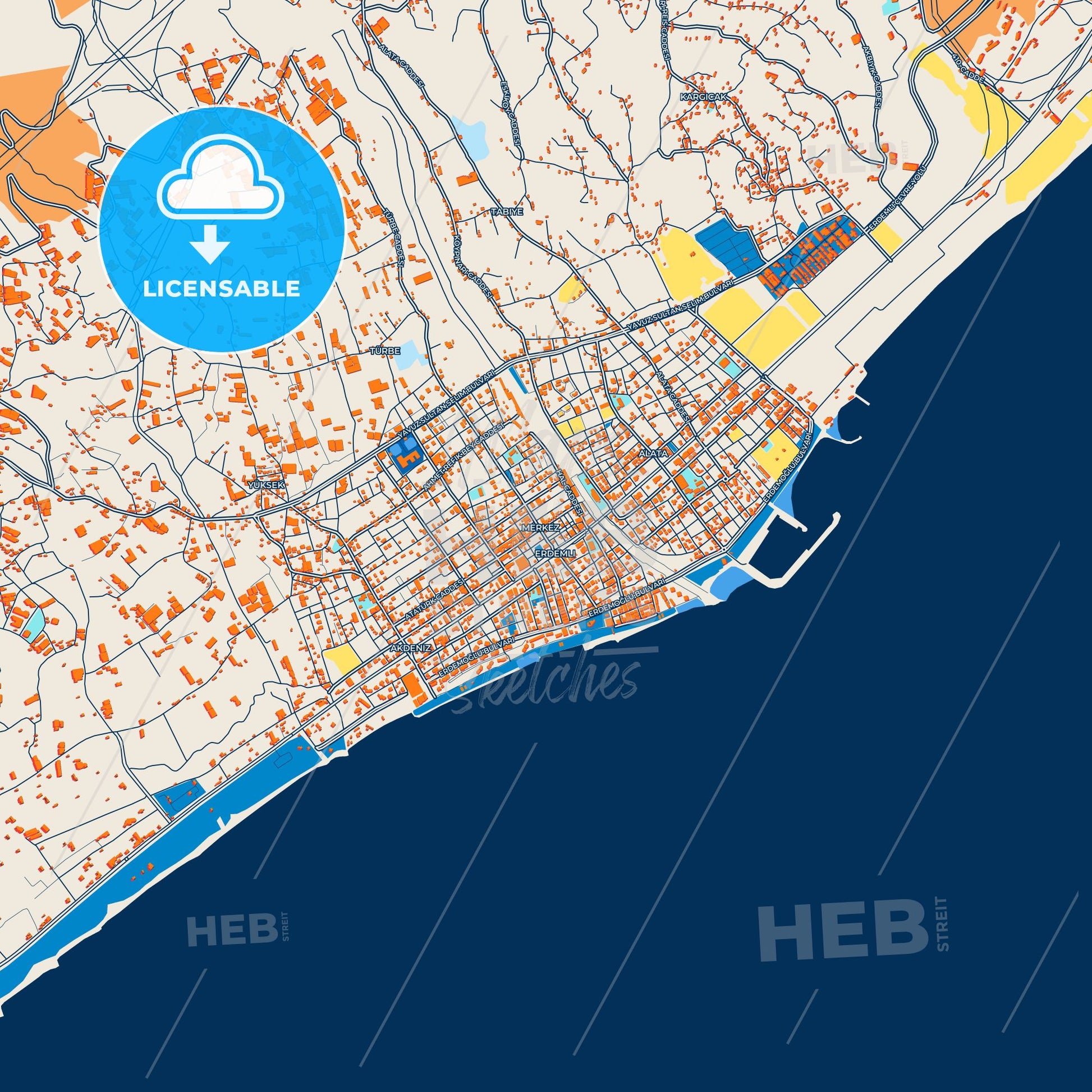 Colorful Erdemli Street Map with Labels and Buildings
