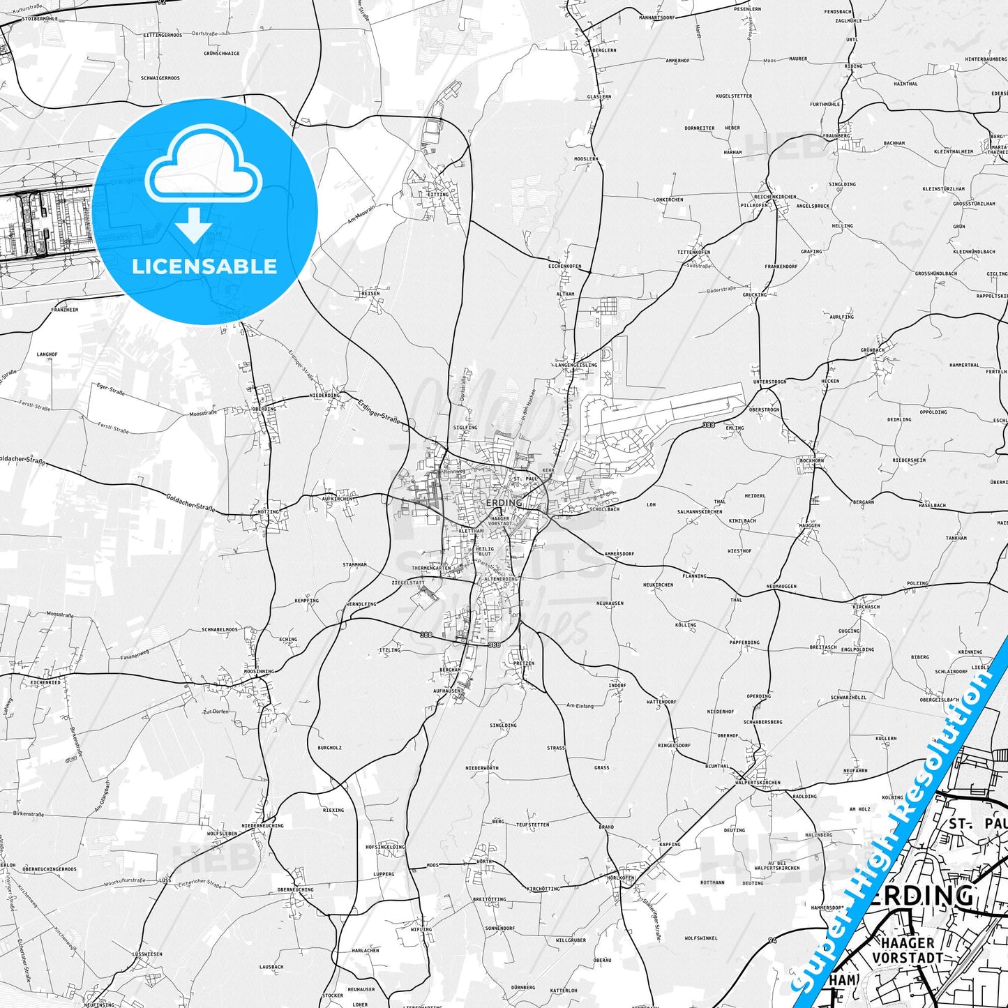 Erding, Germany light map with streetnames, citynames and districts