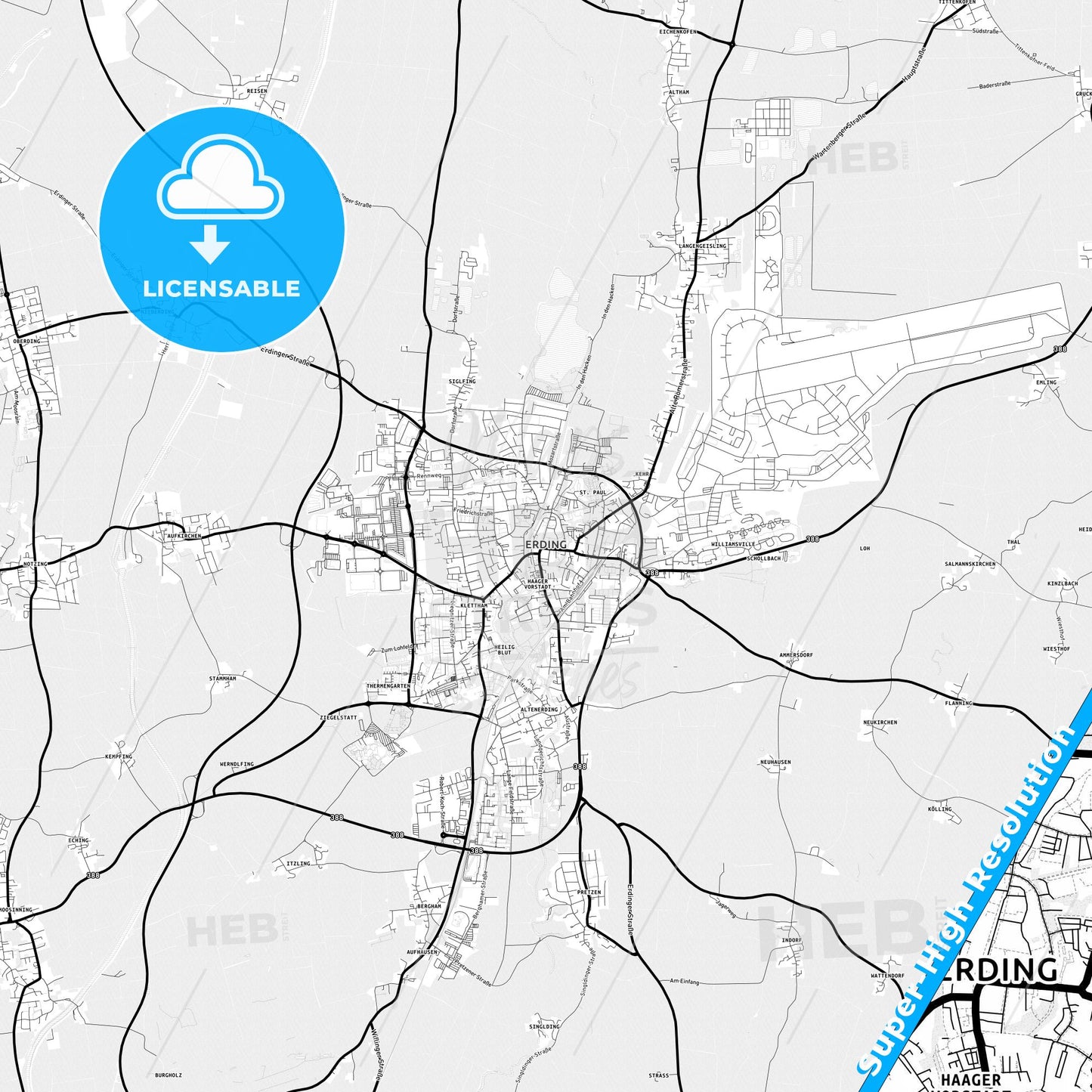 Erding, Germany Light Map with Street Names, City Names, and Districts