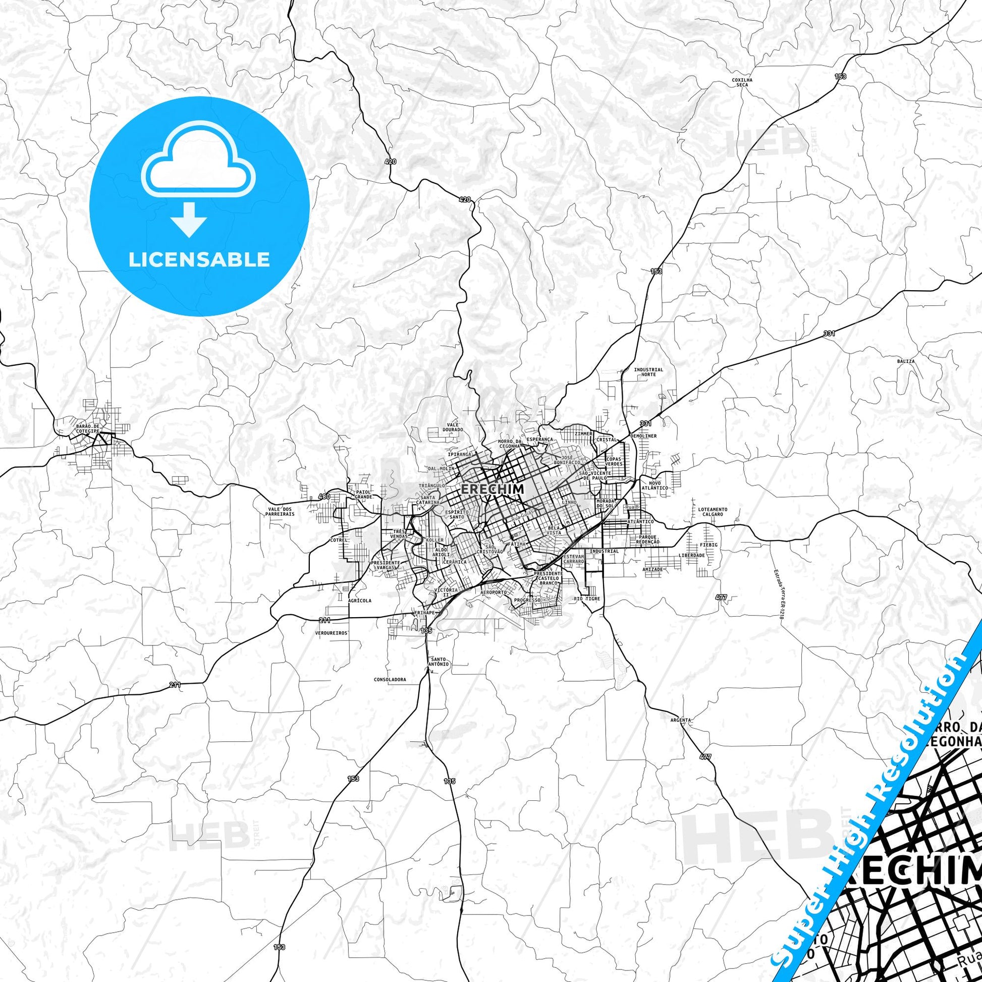 Erechim, Brazil light map with streetnames, citynames and districts