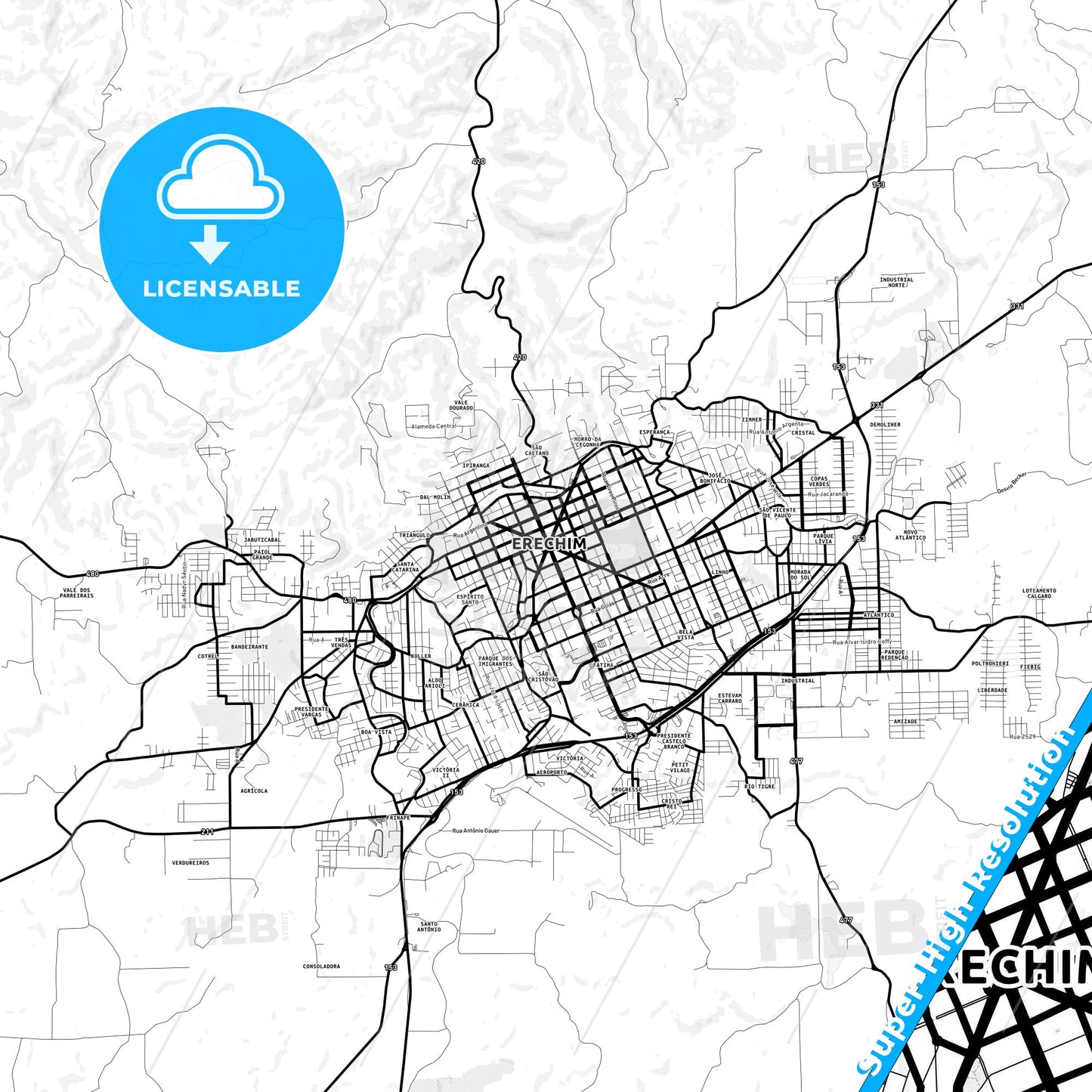 Erechim, Brazil Light Map with Street Names, City Names, and Districts