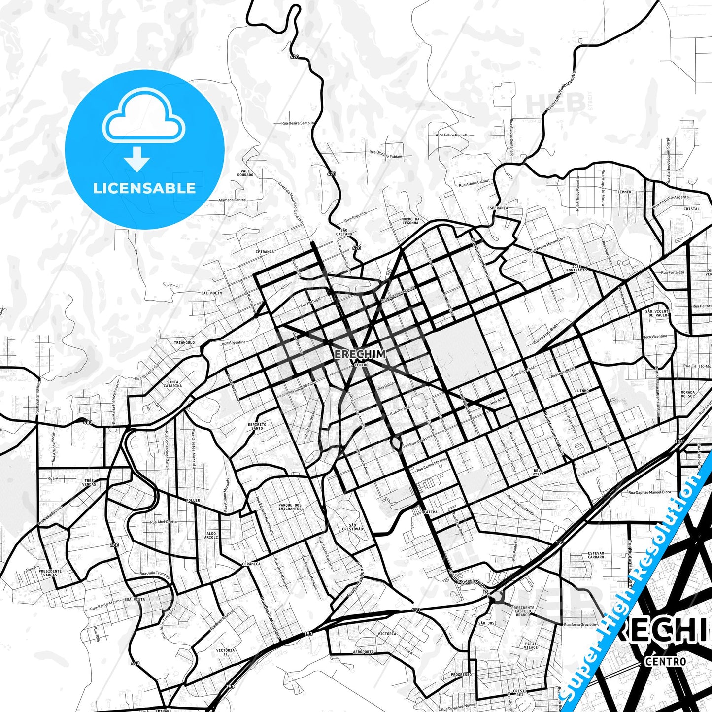 Erechim, Brazil Light Map with Street Names, City Names, and Districts