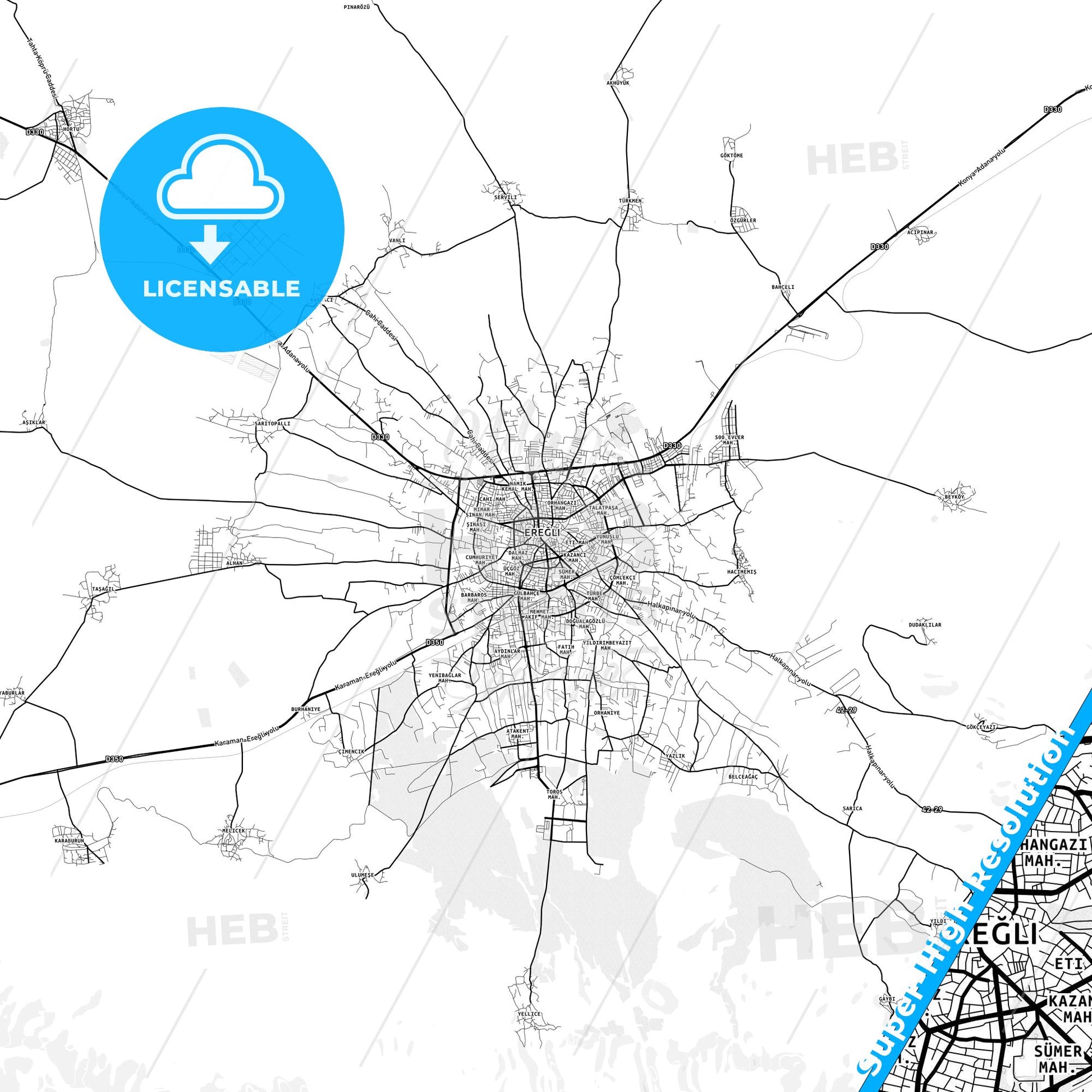 Ereğli, Turkey light map with streetnames, citynames and districts