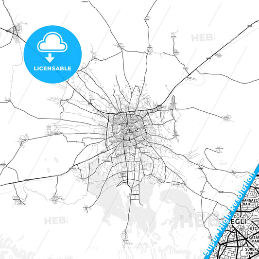 Ereğli, Turkey light map with streetnames, citynames and districts