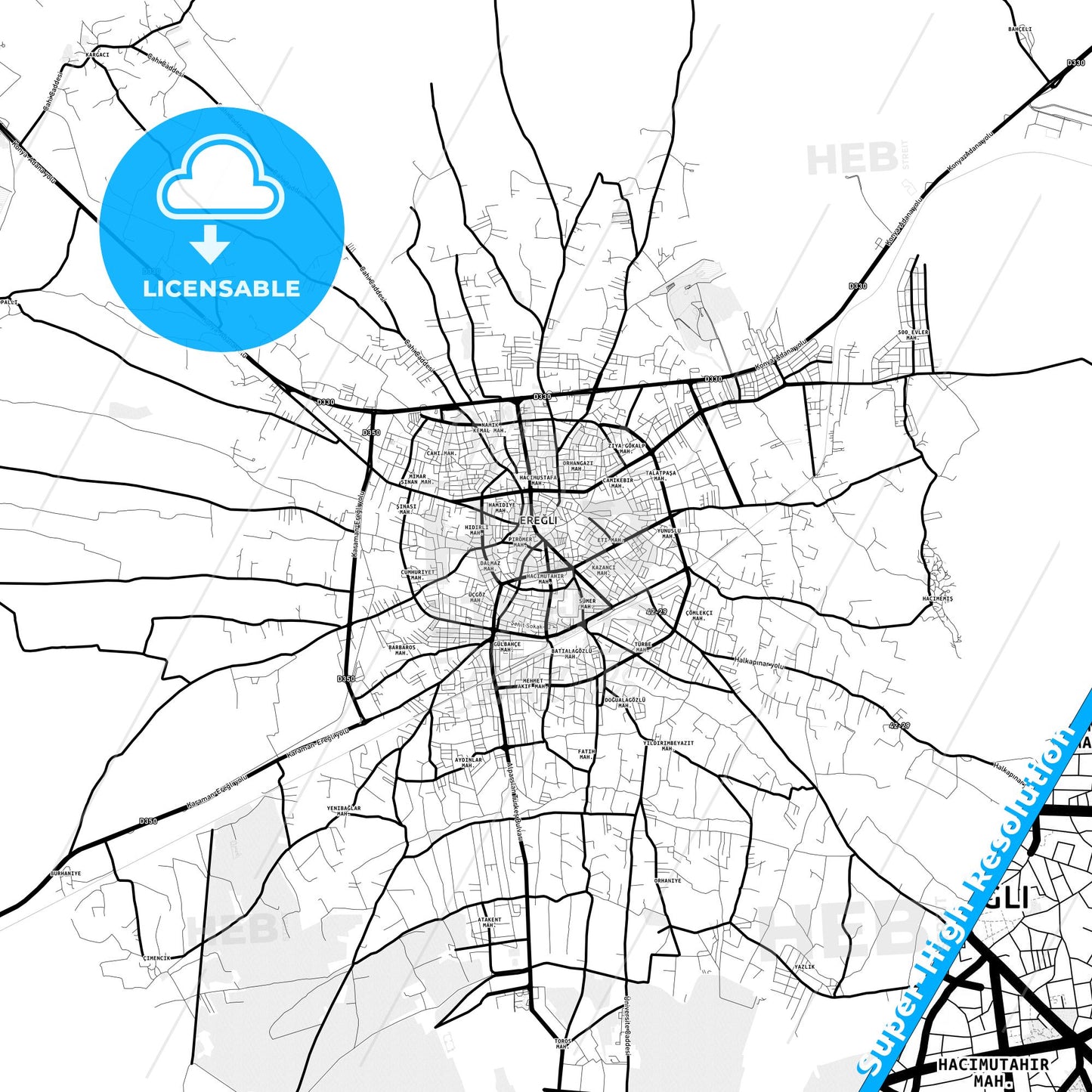 Ereğli, Turkey Light Map with Street Names, City Names, and Districts