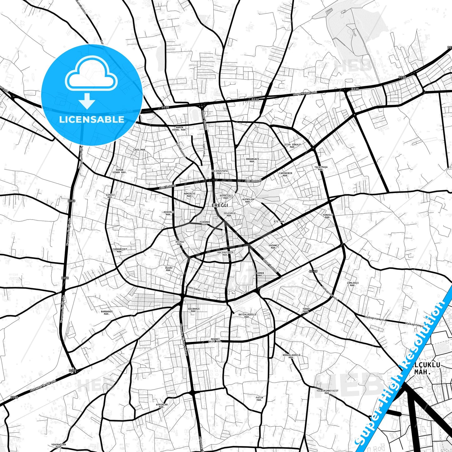 Ereğli, Turkey Light Map with Street Names, City Names, and Districts