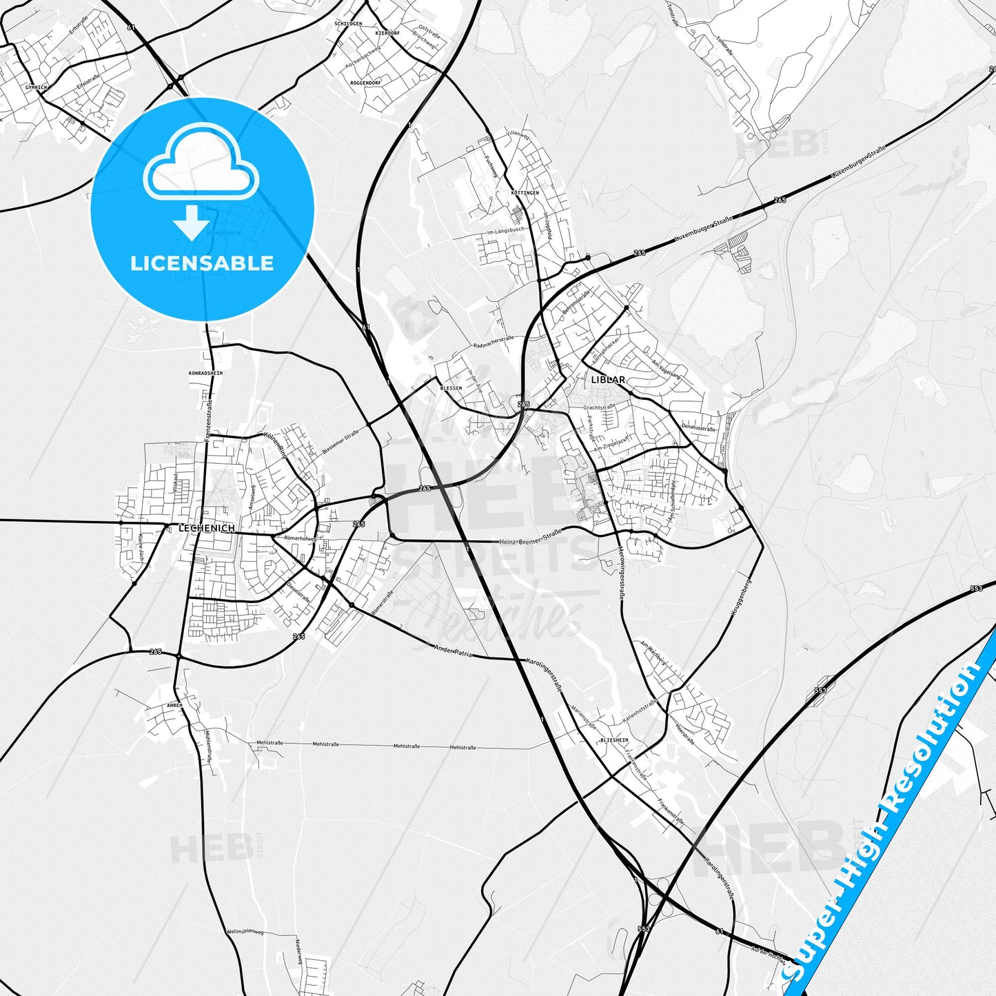 Erftstadt, Germany Light Map with Street Names, City Names, and Districts