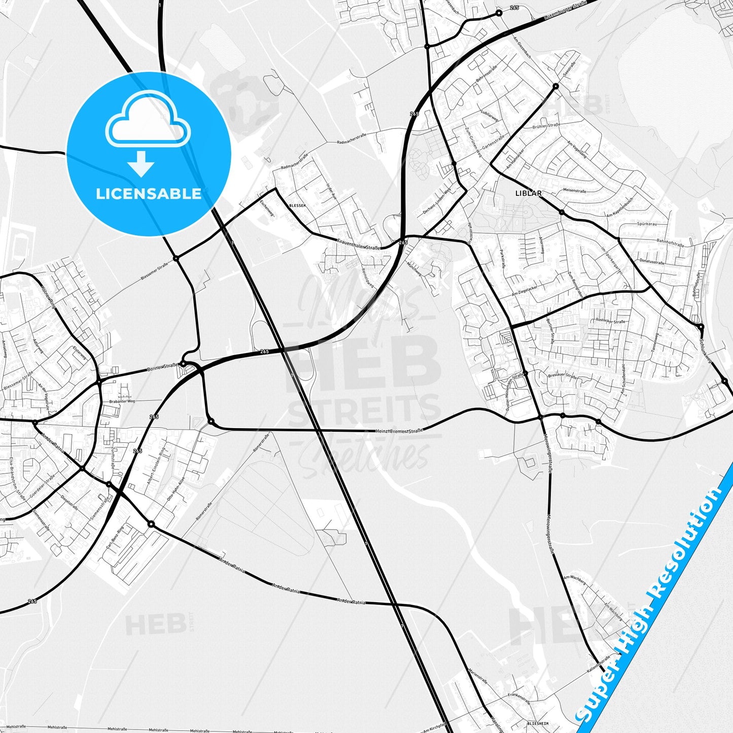 Erftstadt, Germany Light Map with Street Names, City Names, and Districts