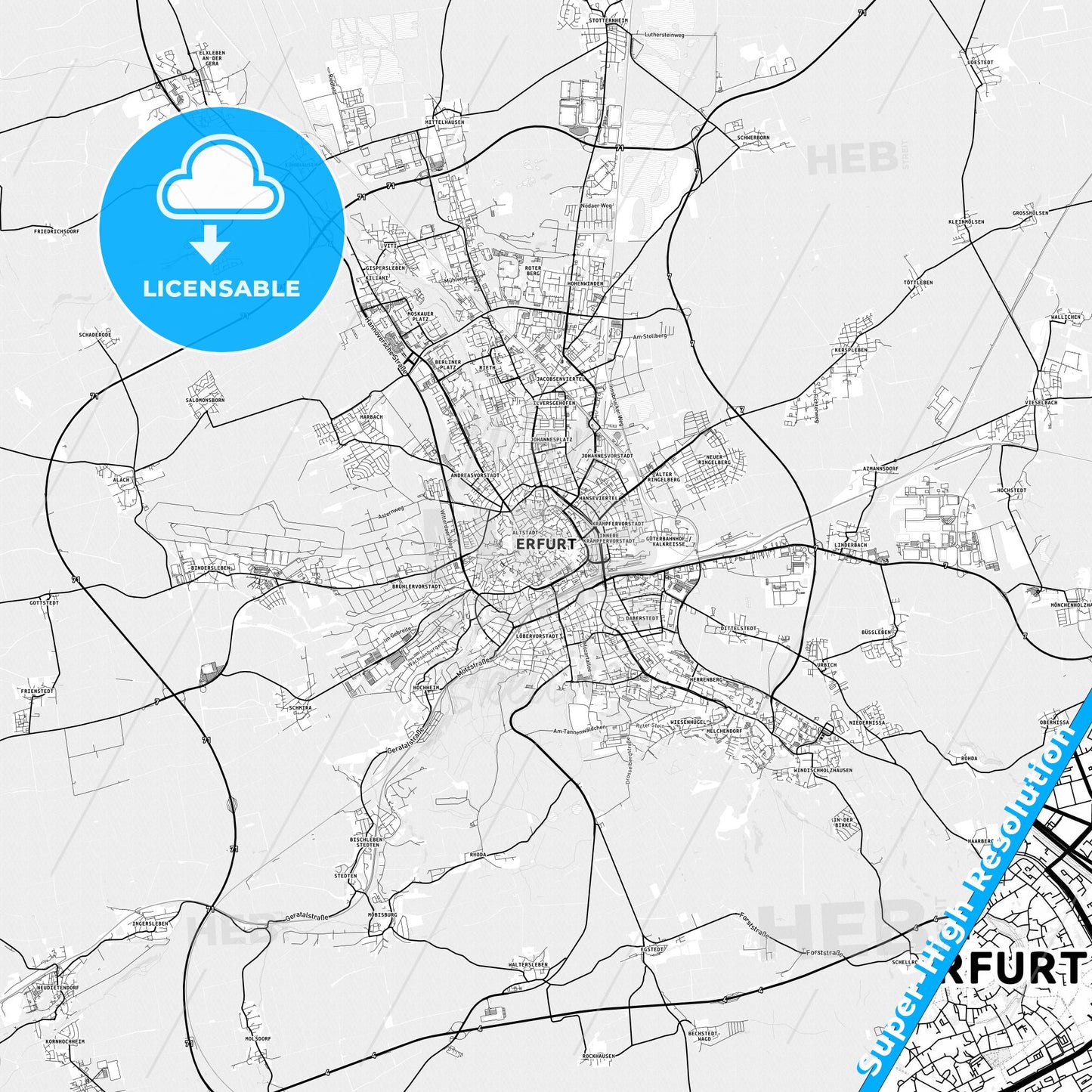 Erfurt, Germany light map with streetnames, citynames and districts