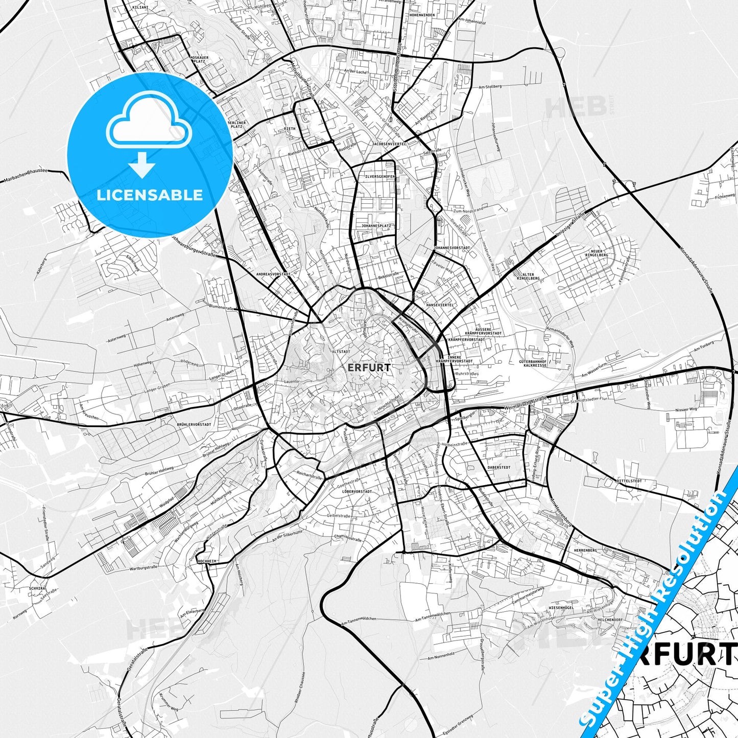 Erfurt, Germany Light Map with Street Names, City Names, and Districts