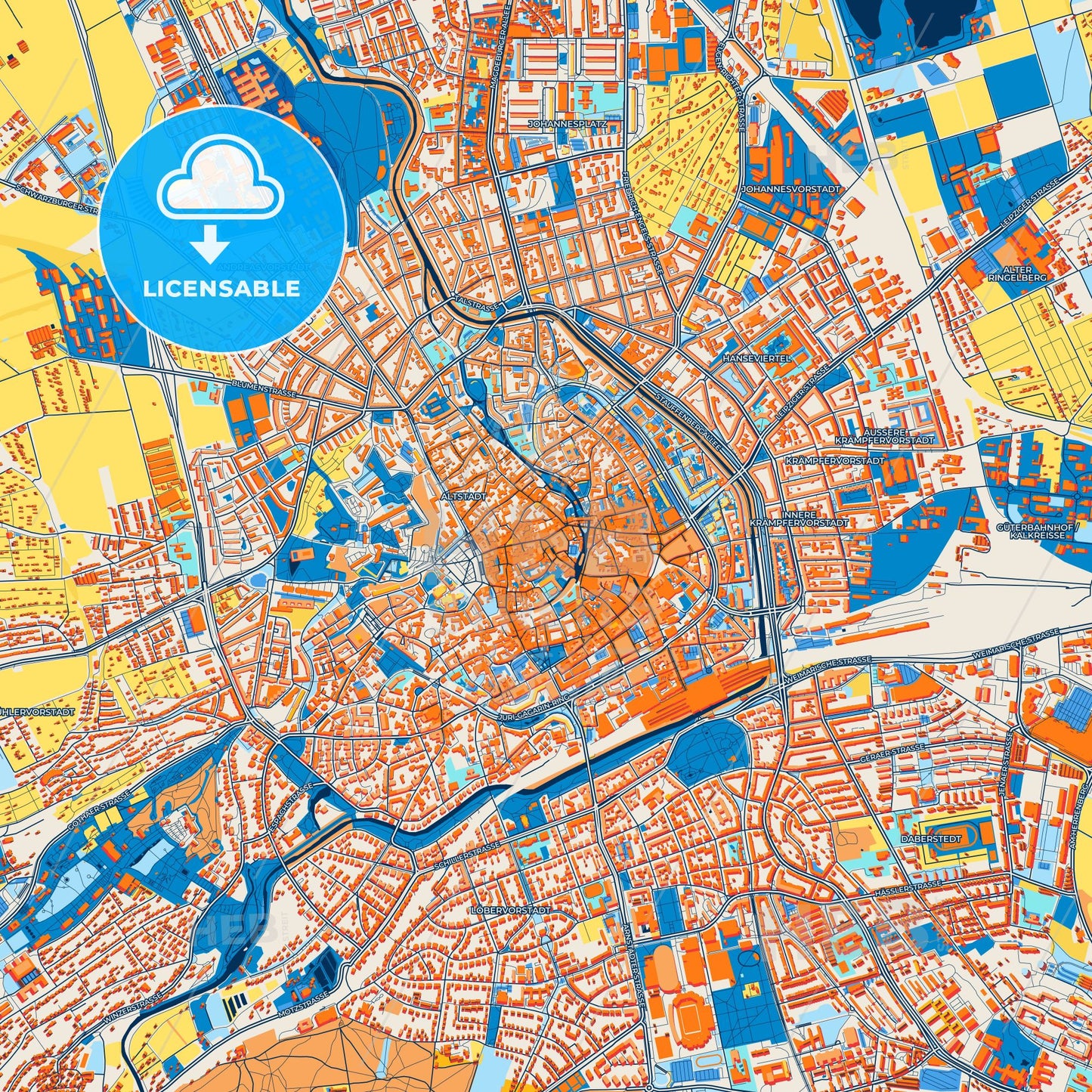 Colorful Erfurt Street Map with Labels and Buildings