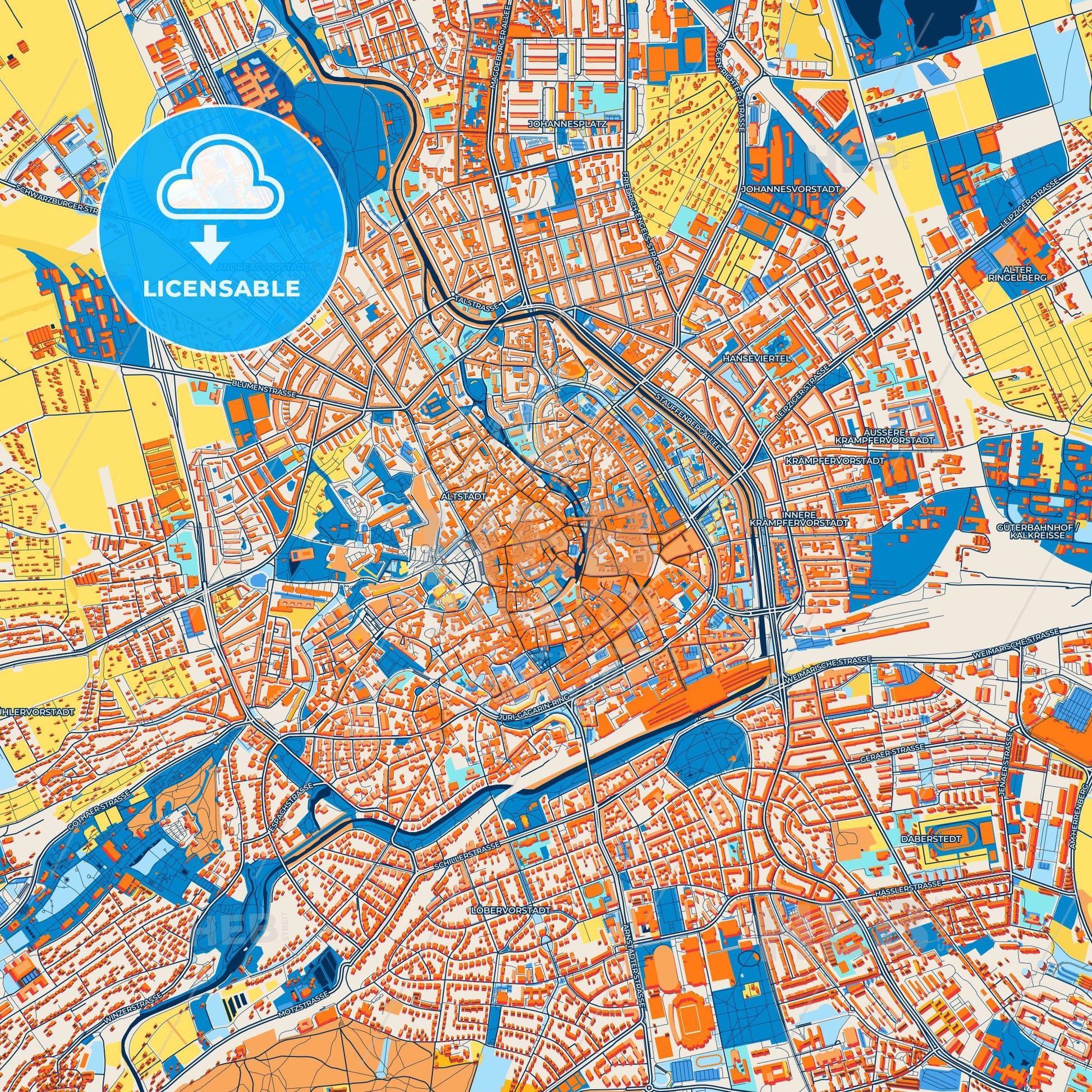 Colorful Erfurt Street Map with Labels and Buildings