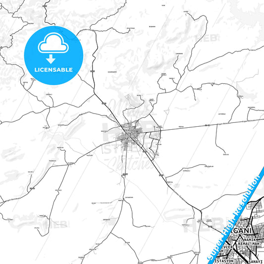 Ergani, Turkey light map with streetnames, citynames and districts