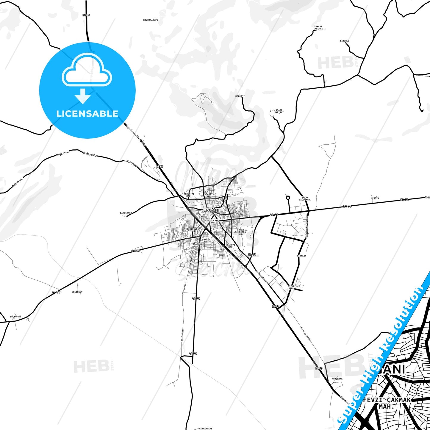 Ergani, Turkey Light Map with Street Names, City Names, and Districts