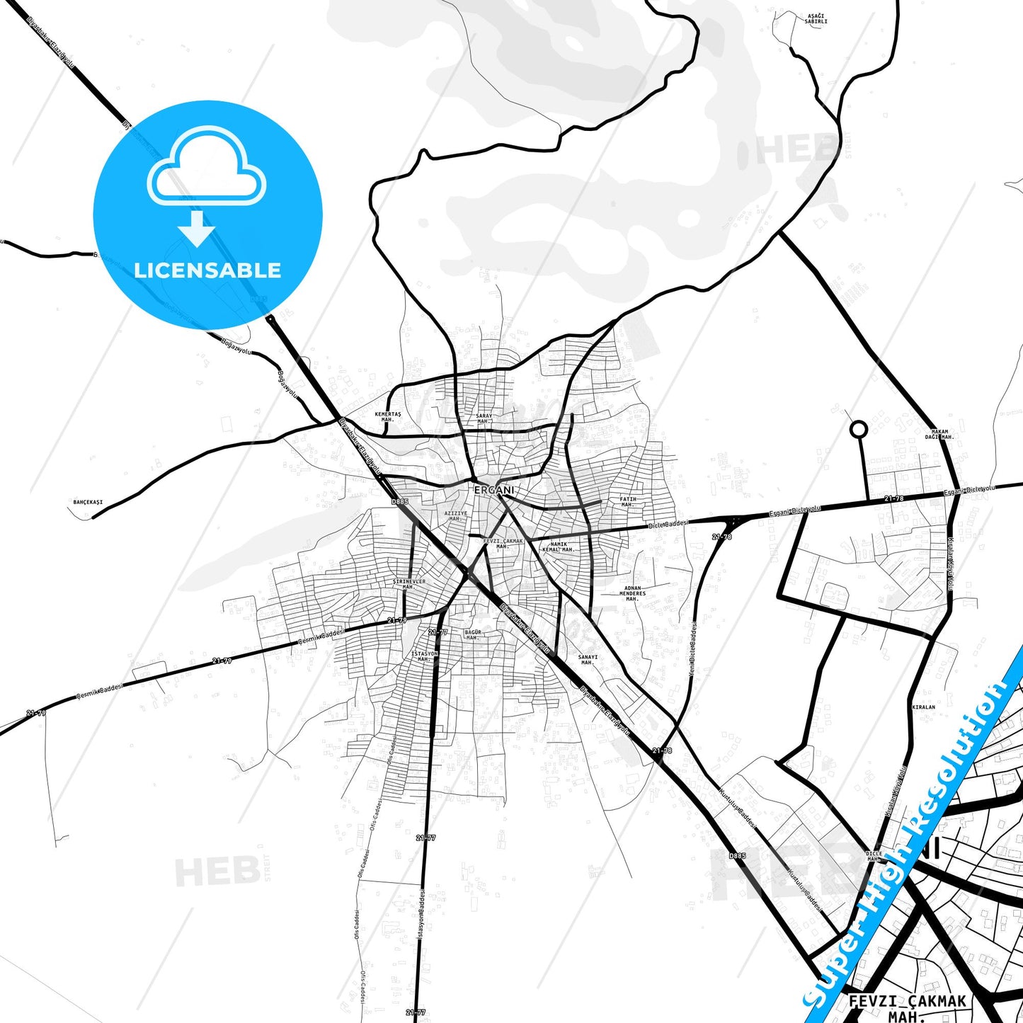 Ergani, Turkey Light Map with Street Names, City Names, and Districts