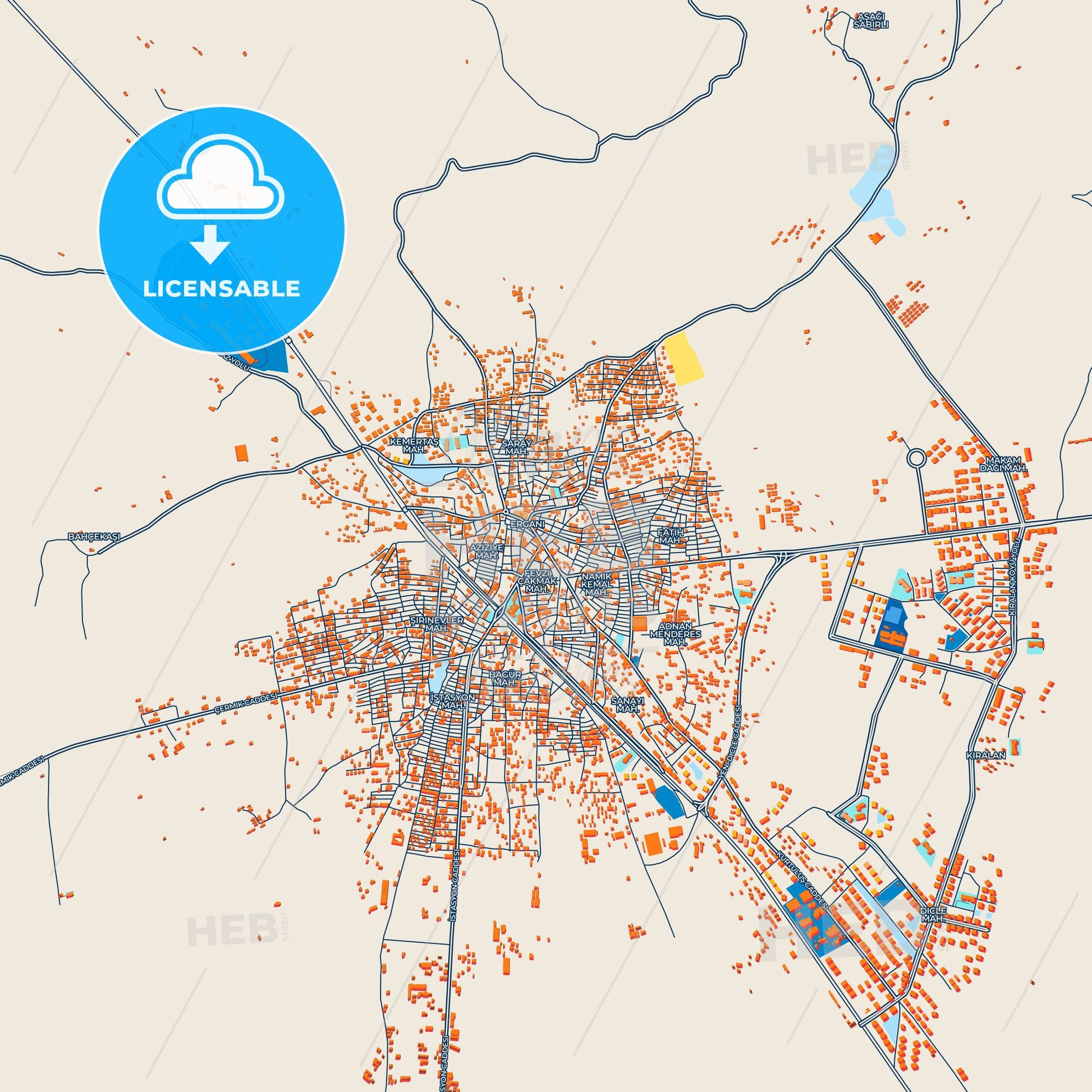 Colorful Ergani Street Map with Labels and Buildings