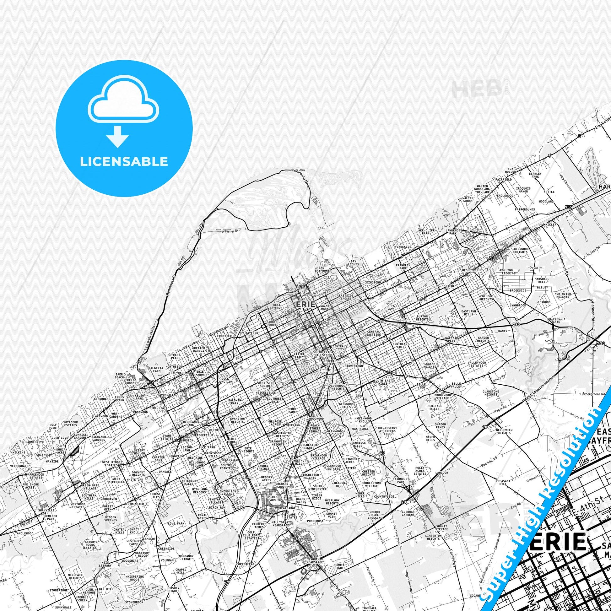 Erie, Pennsylvania light map with streetnames, citynames and districts