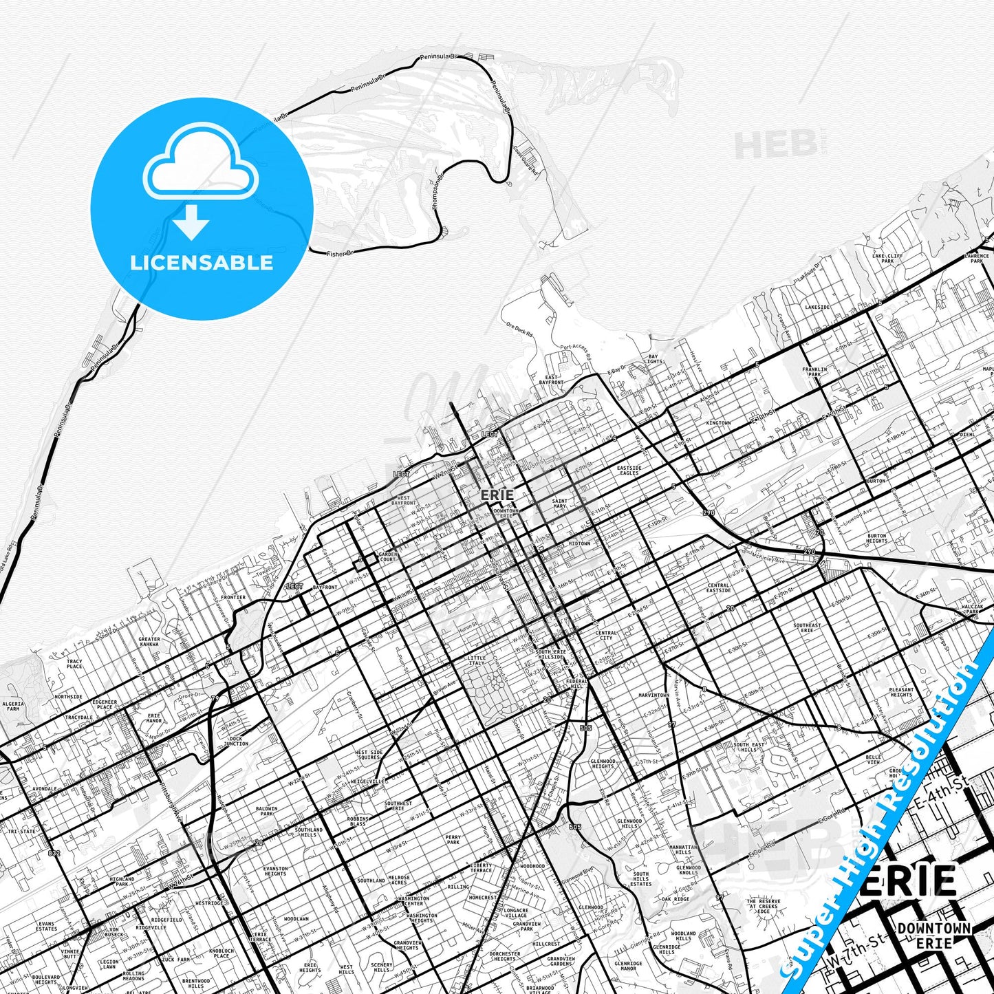 Erie, Pennsylvania Light Map with Street Names, City Names, and Districts