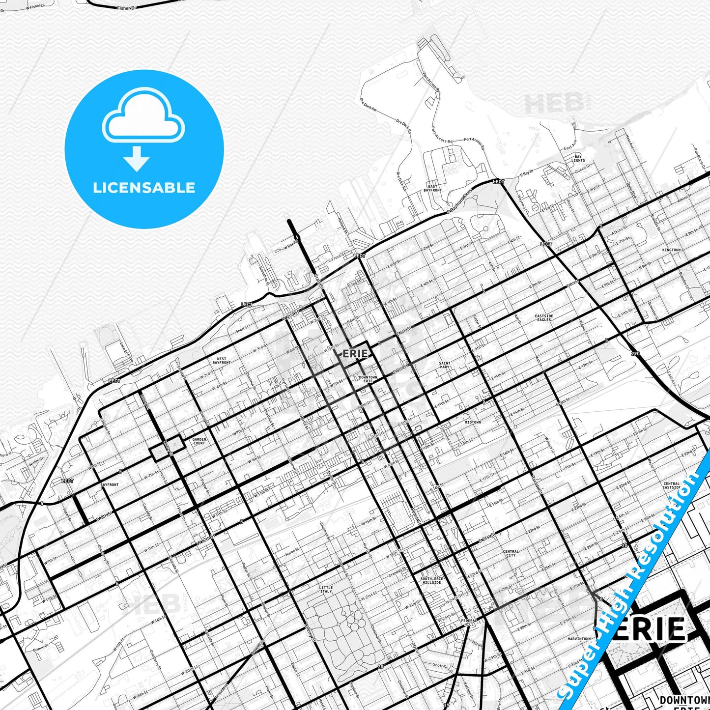Erie, Pennsylvania Light Map with Street Names, City Names, and Districts