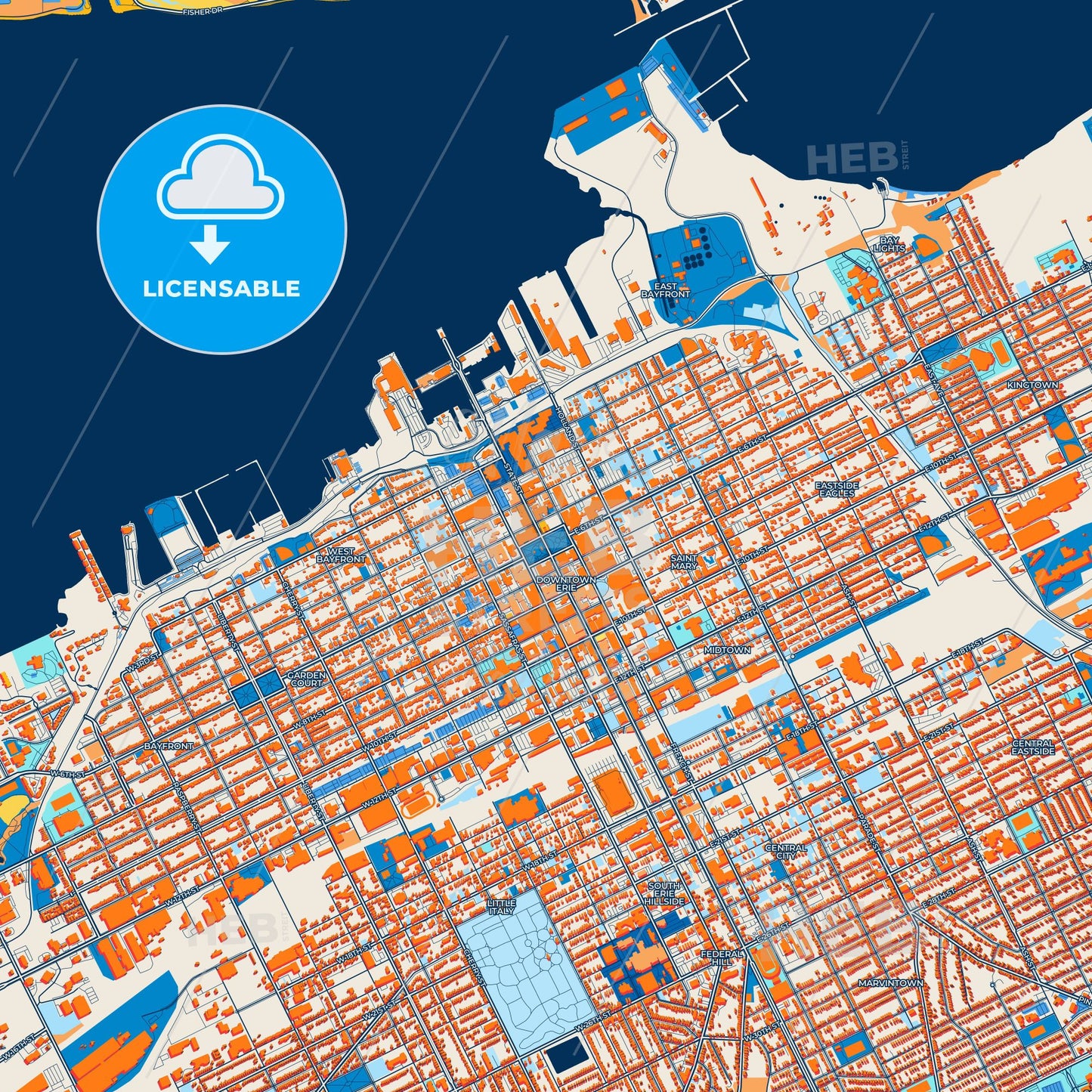 Colorful Erie Street Map with Labels and Buildings