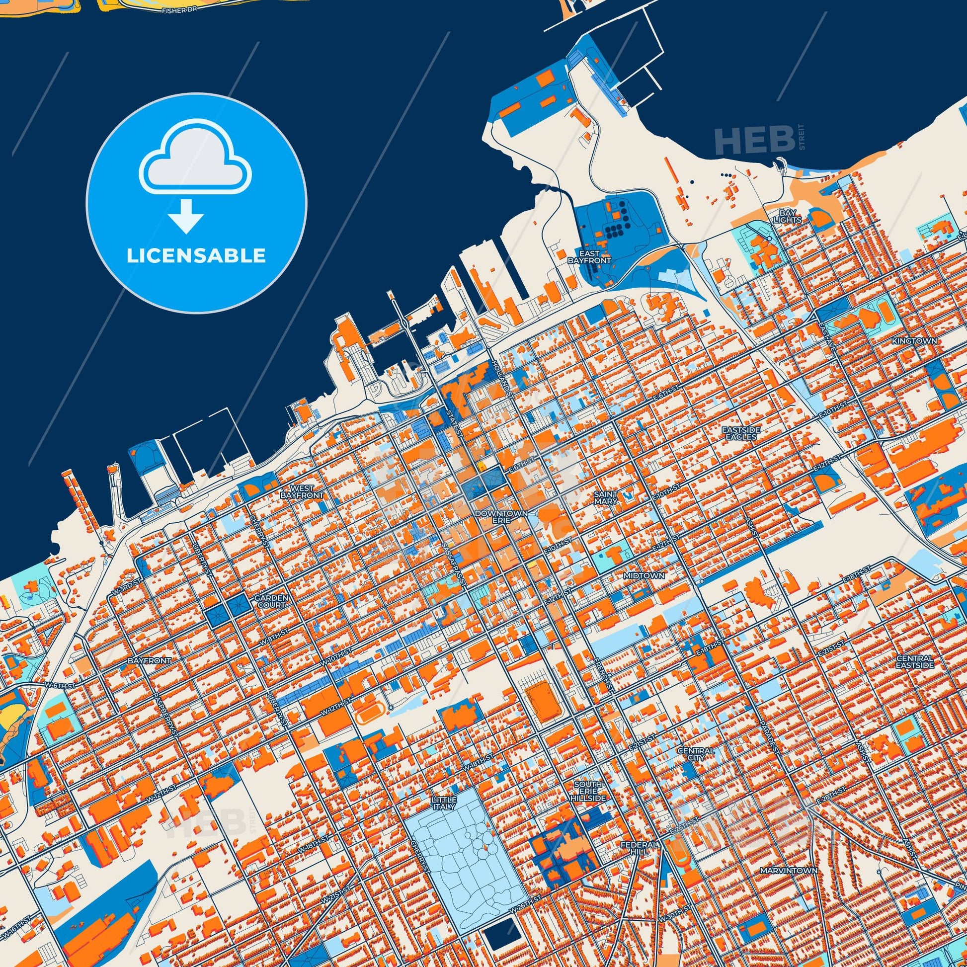Colorful Erie Street Map with Labels and Buildings