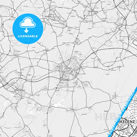 Erkelenz, Germany light map with streetnames, citynames and districts