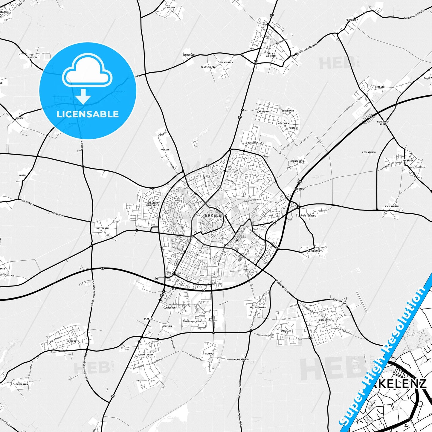 Erkelenz, Germany Light Map with Street Names, City Names, and Districts