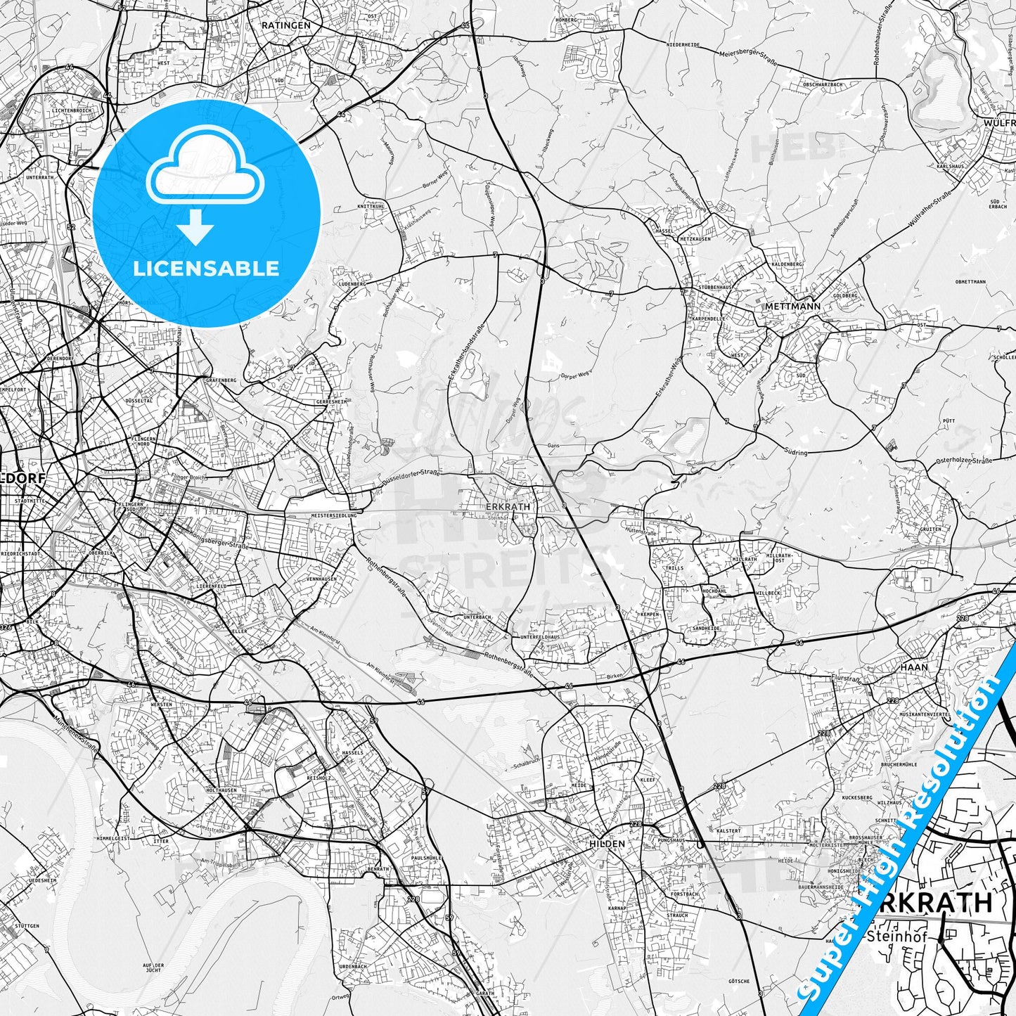 Erkrath, Germany light map with streetnames, citynames and districts