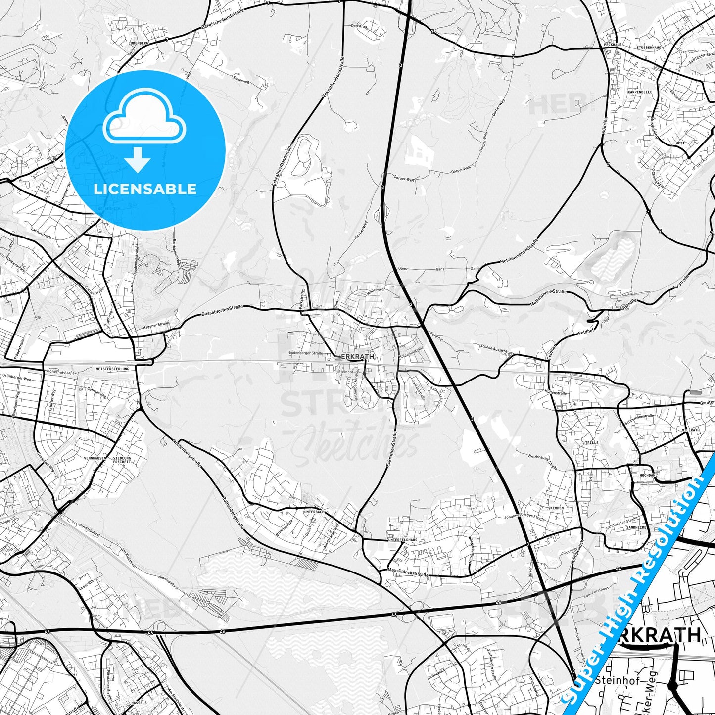 Erkrath, Germany Light Map with Street Names, City Names, and Districts