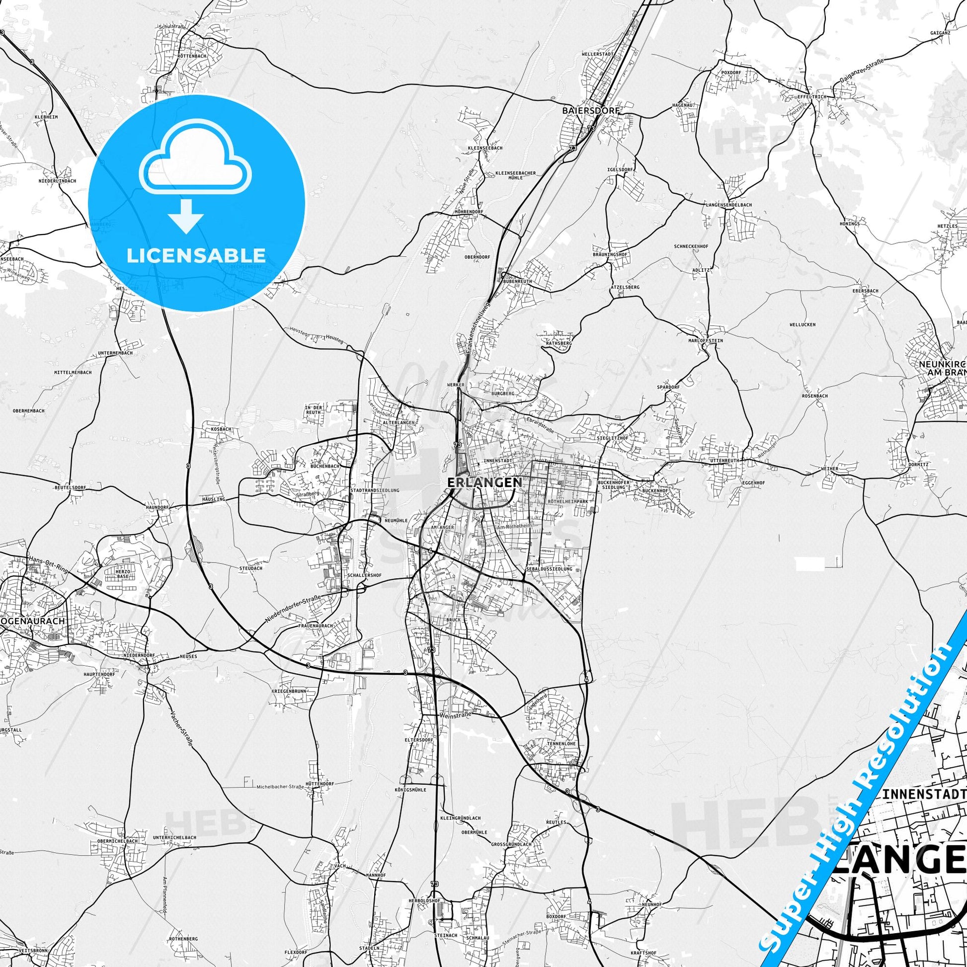 Erlangen, Germany light map with streetnames, citynames and districts