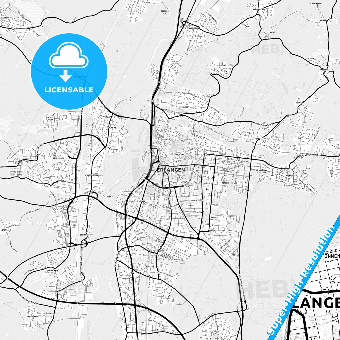 Erlangen, Germany Light Map with Street Names, City Names, and Districts