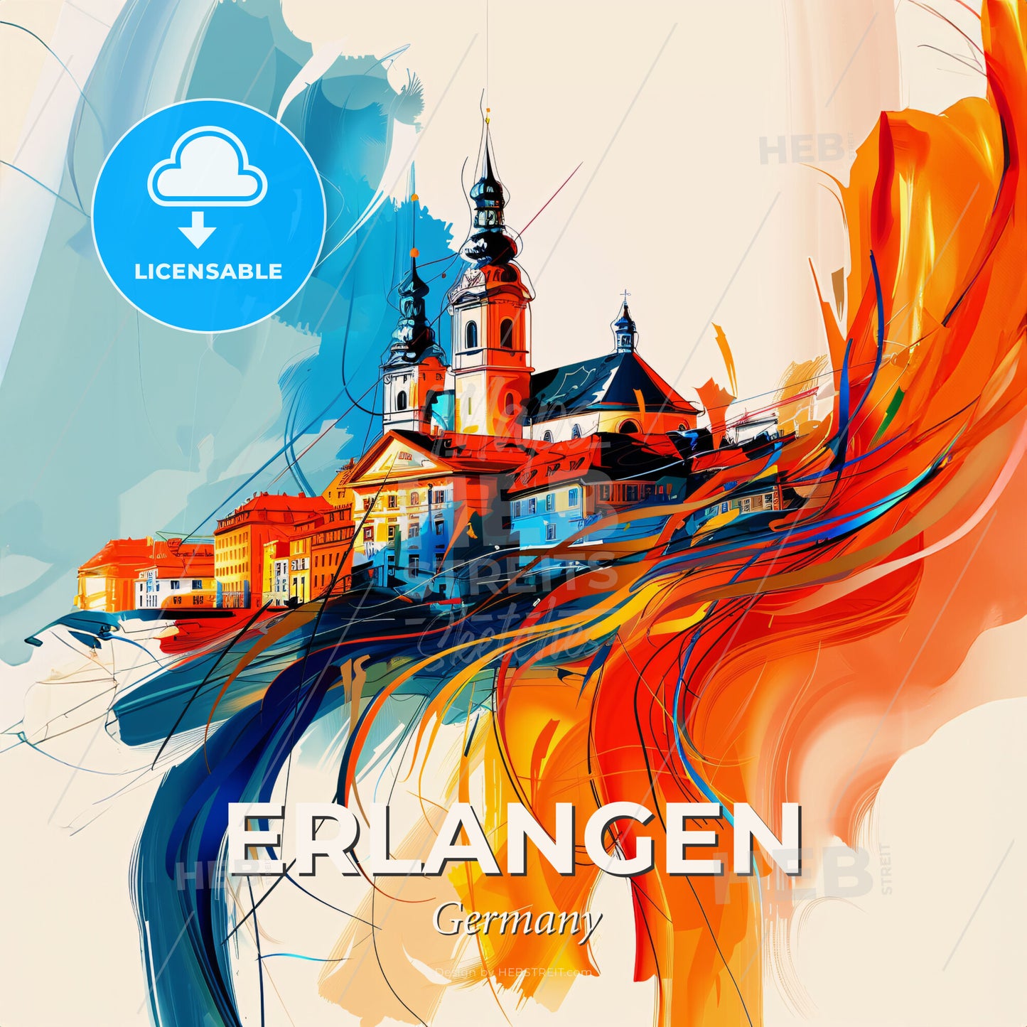 Vibrant Erlangen, Germany - A Painting Of A Building With A Colorful Swirl - Square format print template