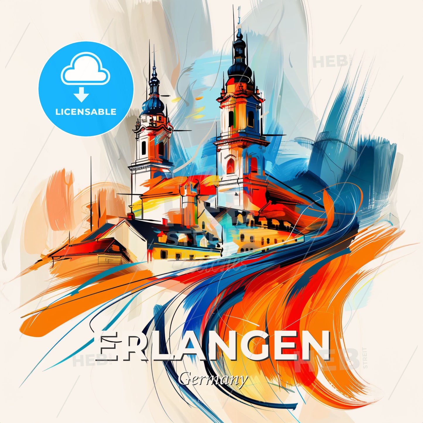 Vibrant Erlangen, Germany - A Painting Of A Building With Towers - Square format print template