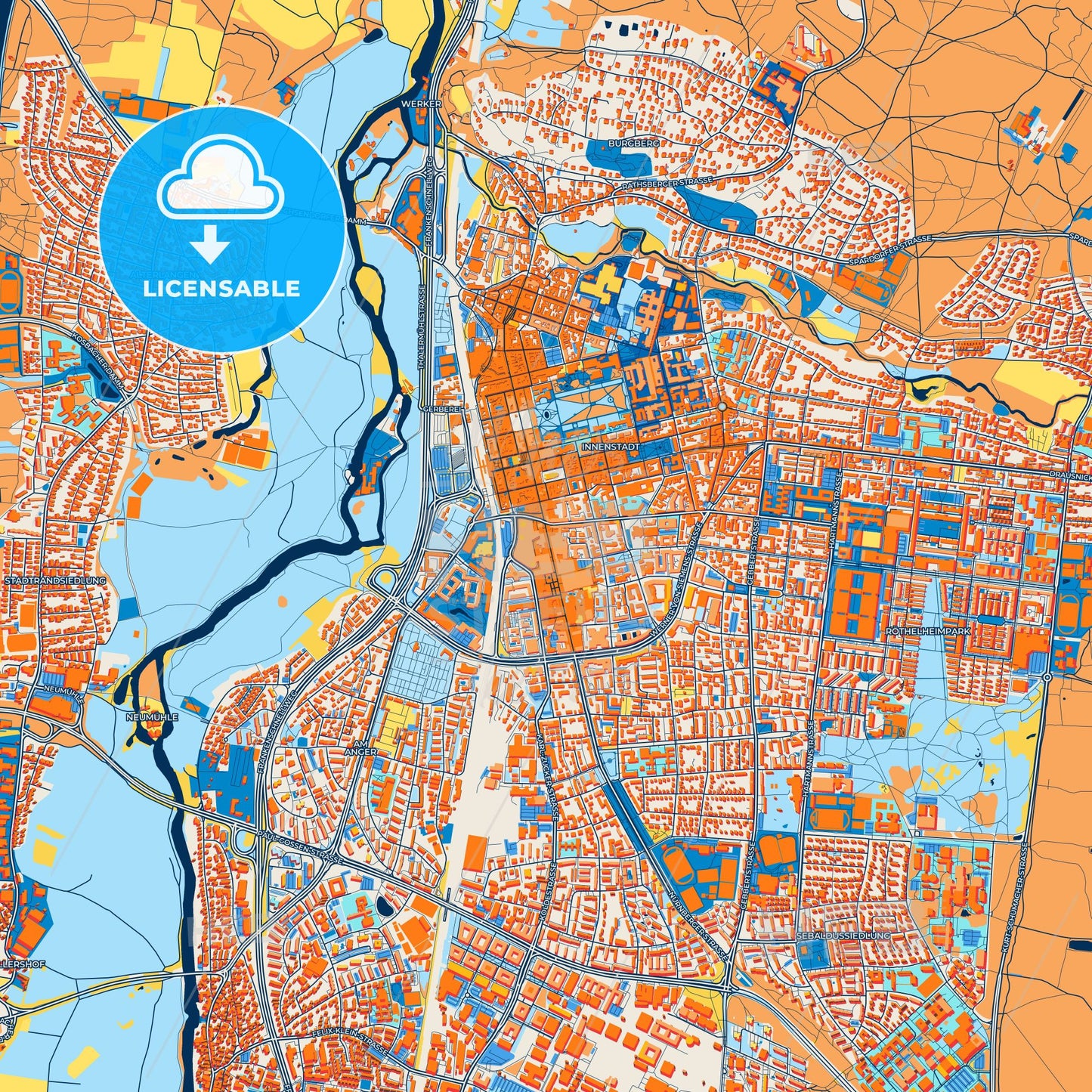 Colorful Erlangen Street Map with Labels and Buildings