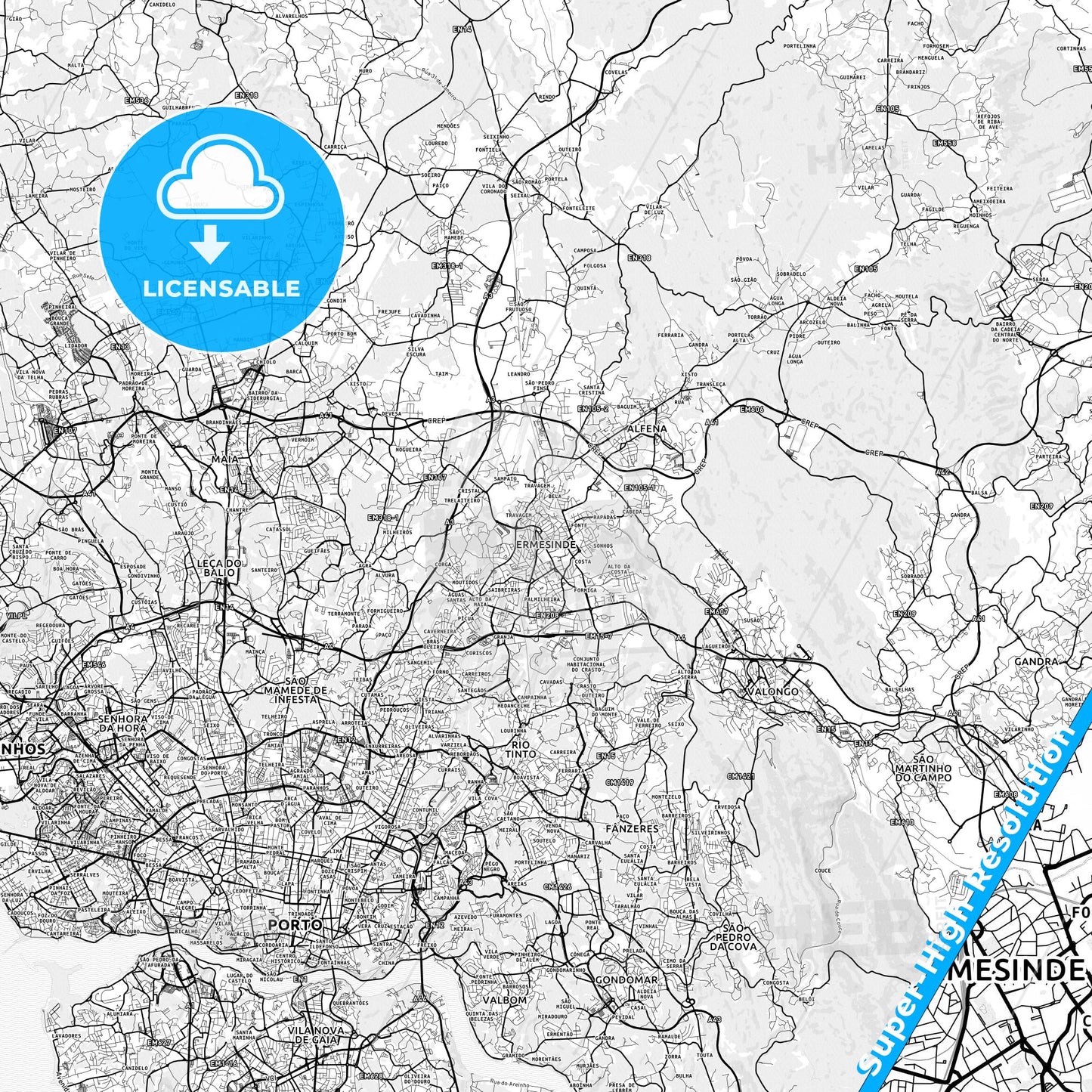 Ermesinde, Portugal light map with streetnames, citynames and districts