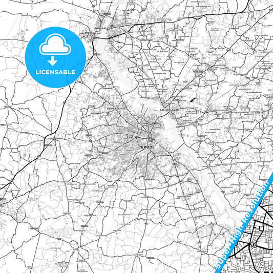 Erode, India light map with streetnames, citynames and districts
