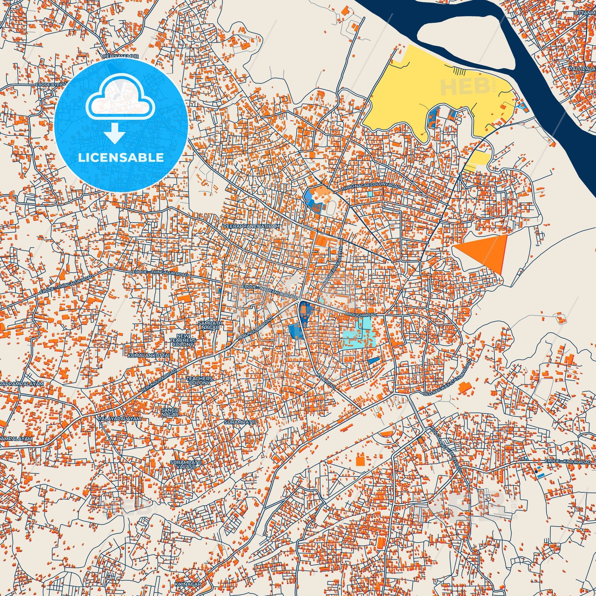 Colorful Erode Street Map with Labels and Buildings
