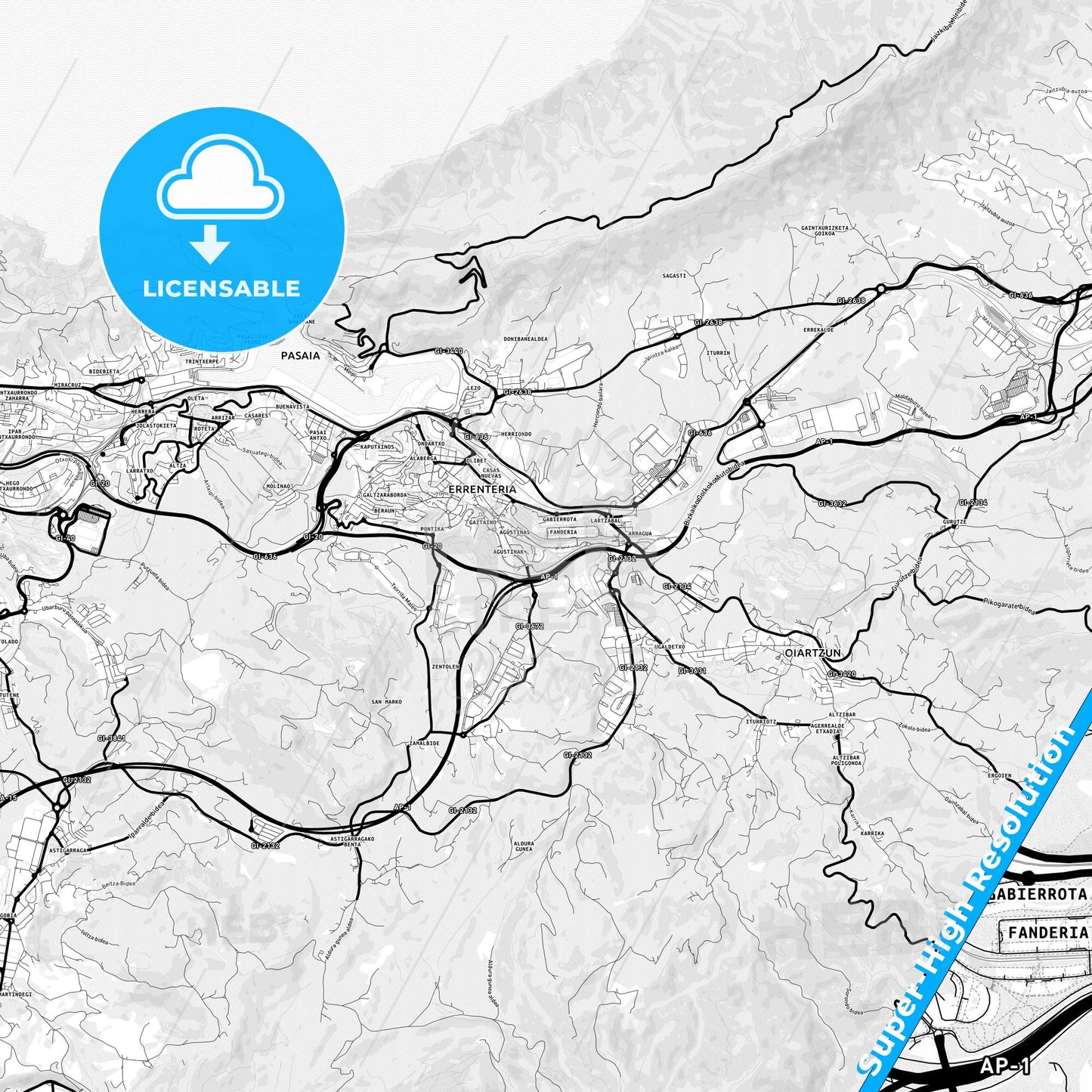 Errenteria, Spain Light Map with Street Names, City Names, and Districts