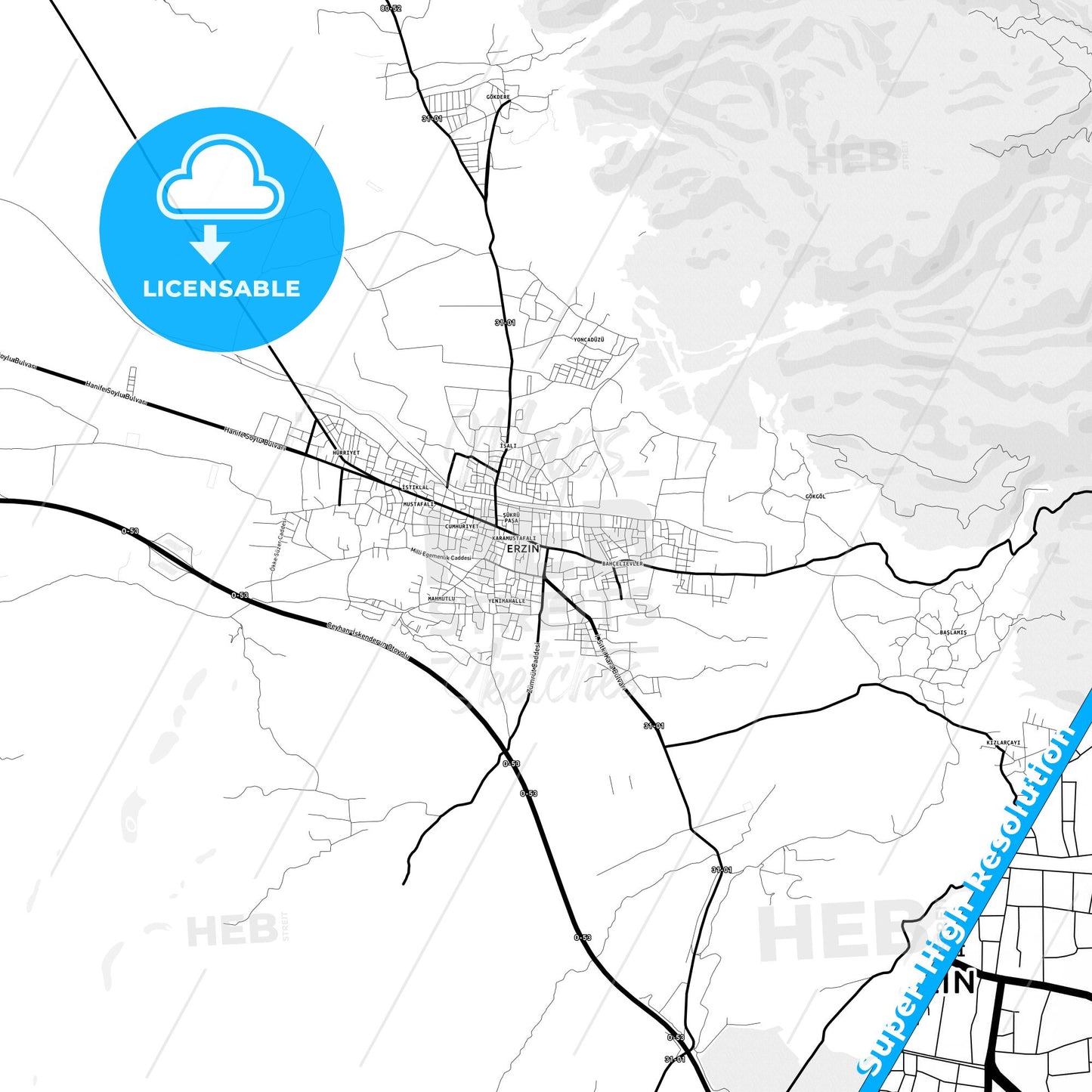 Erzin, Turkey Light Map with Street Names, City Names, and Districts