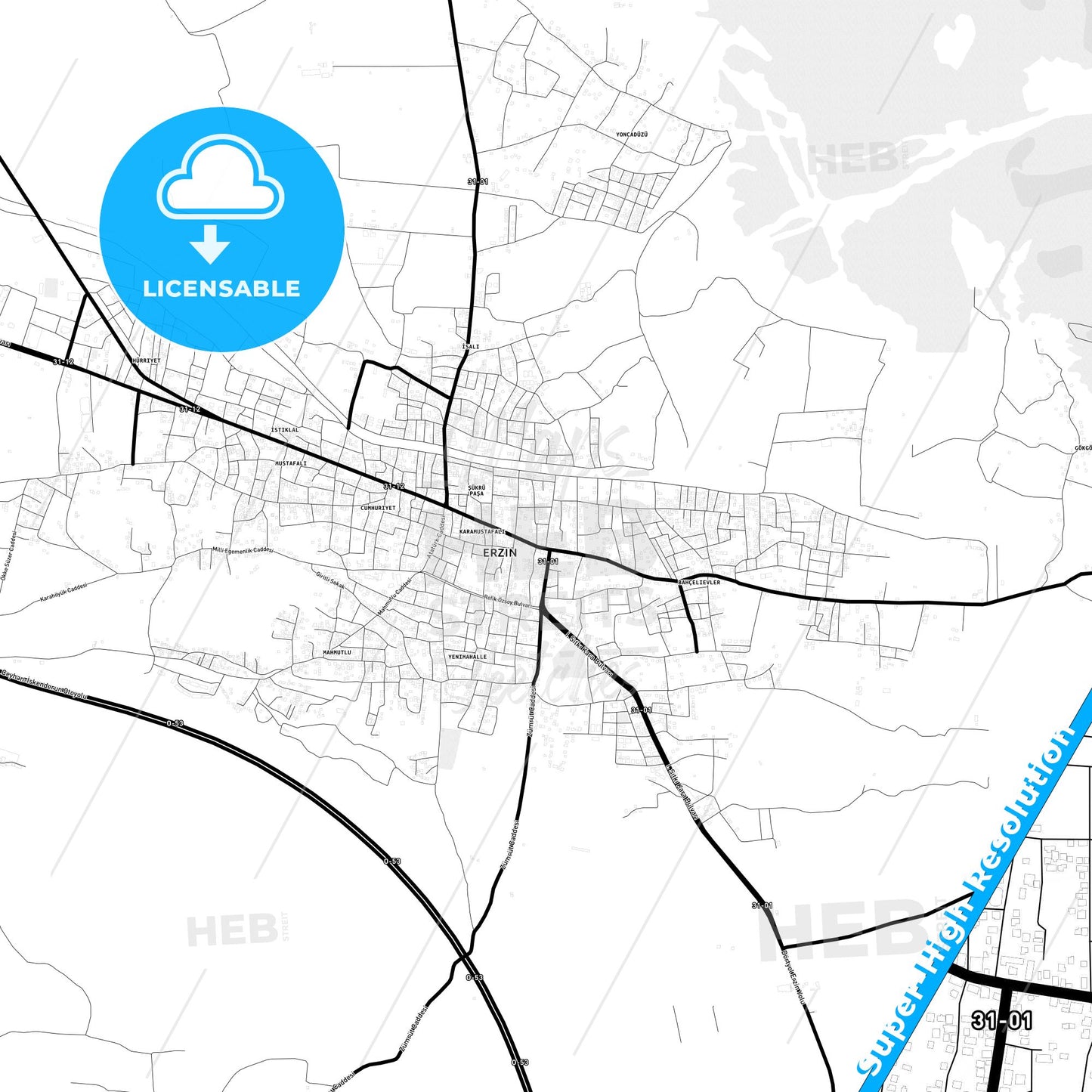 Erzin, Turkey Light Map with Street Names, City Names, and Districts
