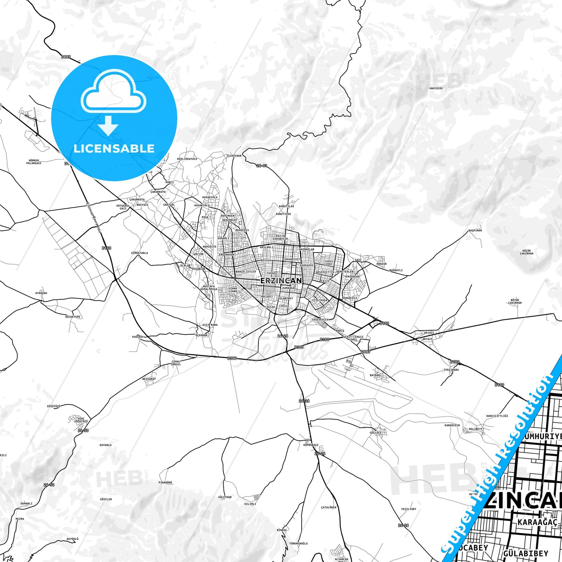 Erzincan, Turkey light map with streetnames, citynames and districts