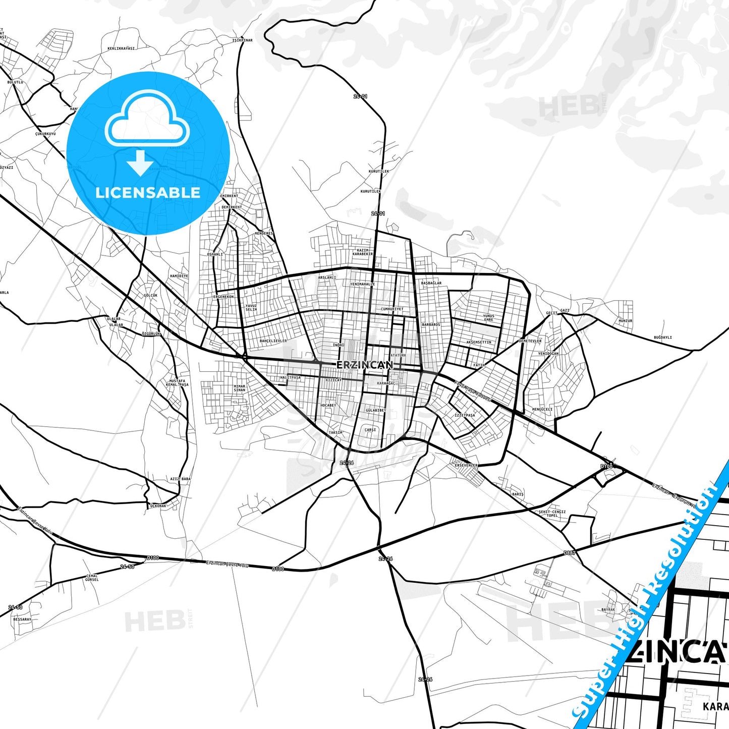 Erzincan, Turkey Light Map with Street Names, City Names, and Districts