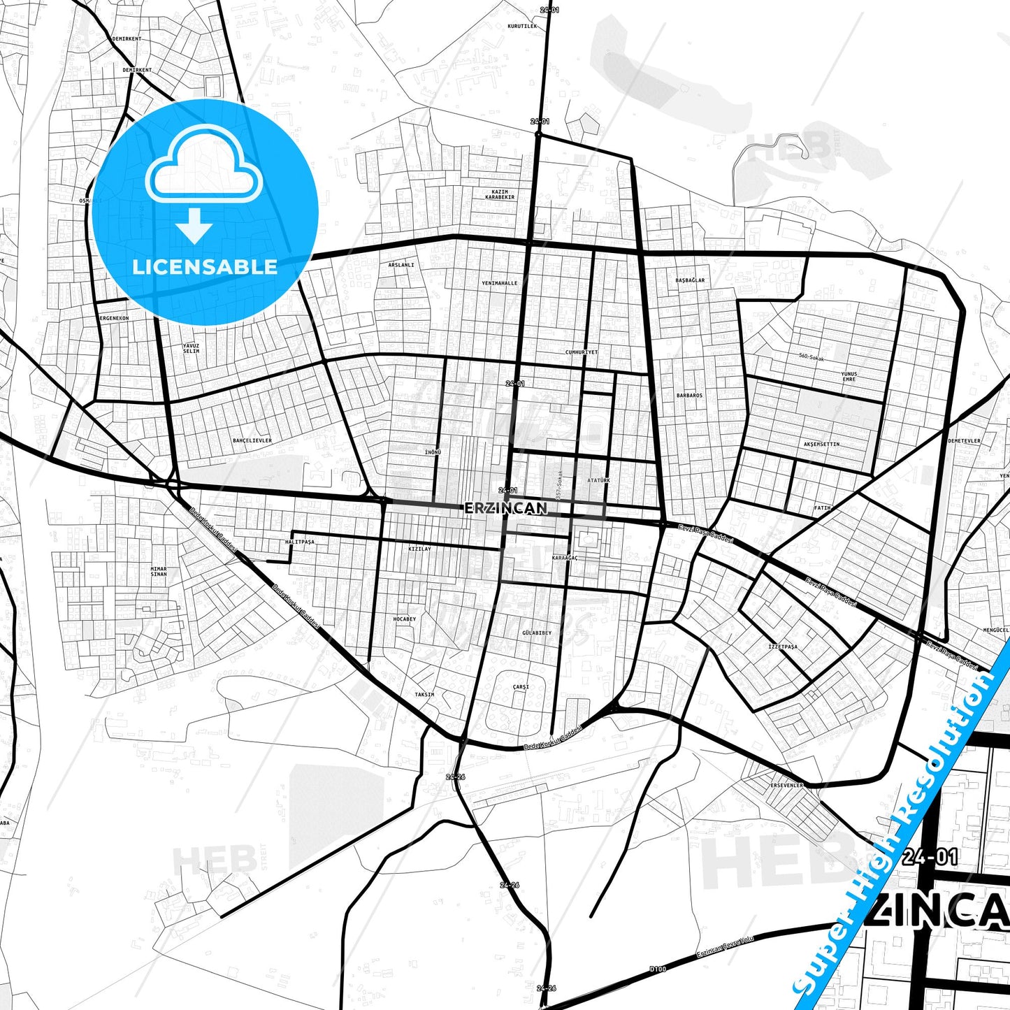 Erzincan, Turkey Light Map with Street Names, City Names, and Districts
