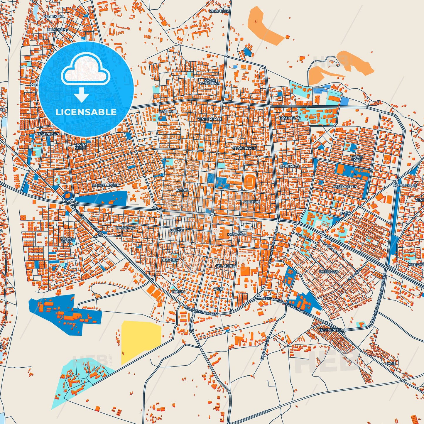 Colorful Erzincan Street Map with Labels and Buildings