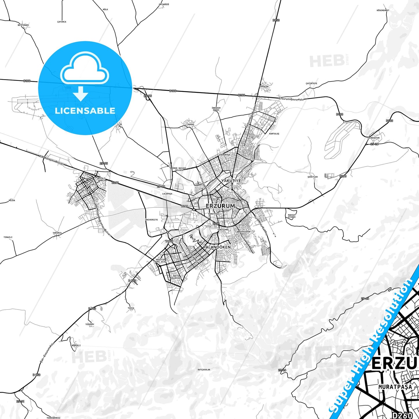 Erzurum, Turkey light map with streetnames, citynames and districts